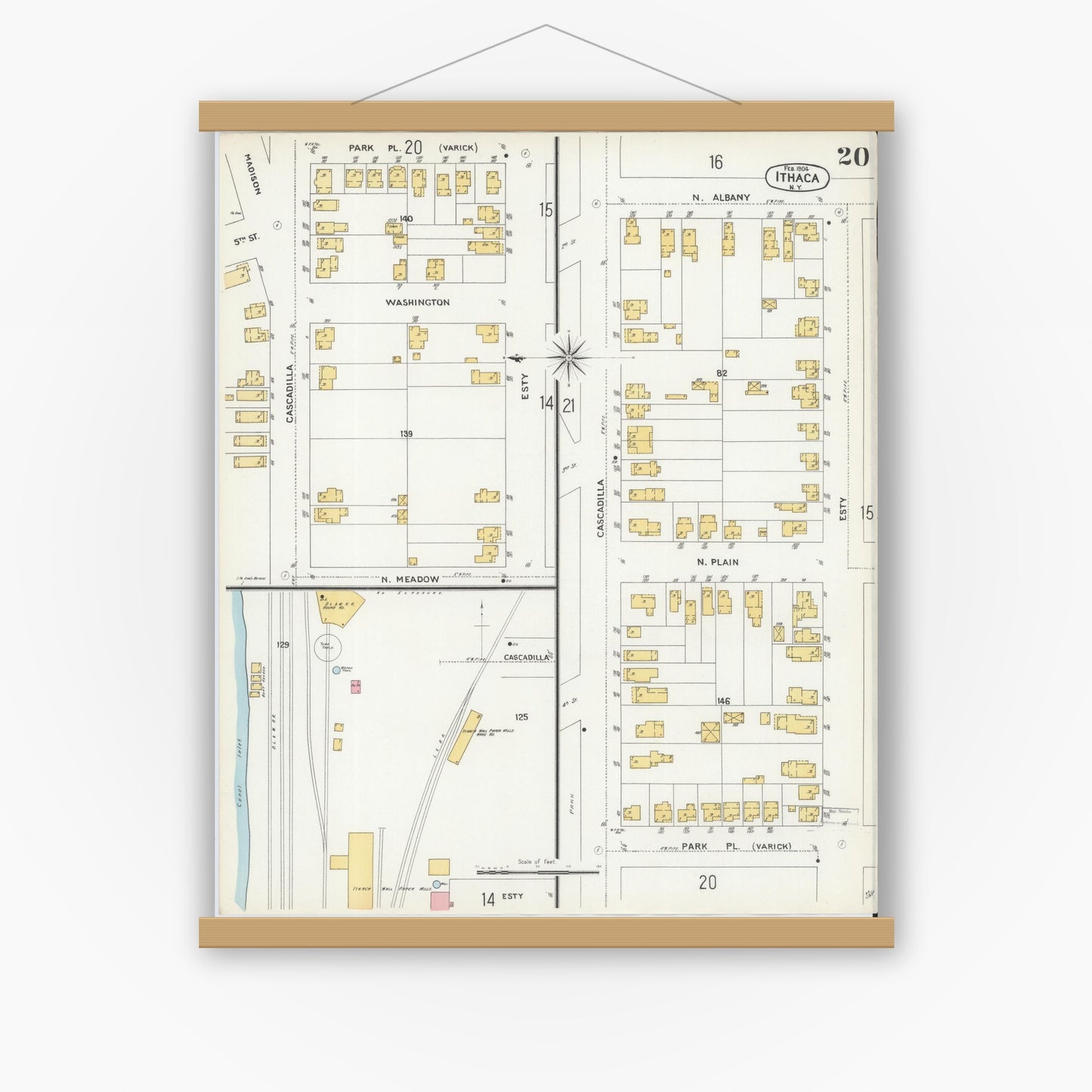 Old map wall art mockup — magnetic wood frame on white wall — Sanborn Fire Insurance Map from Ithaca, Tompkins County, New York (1904), Sheet #0020