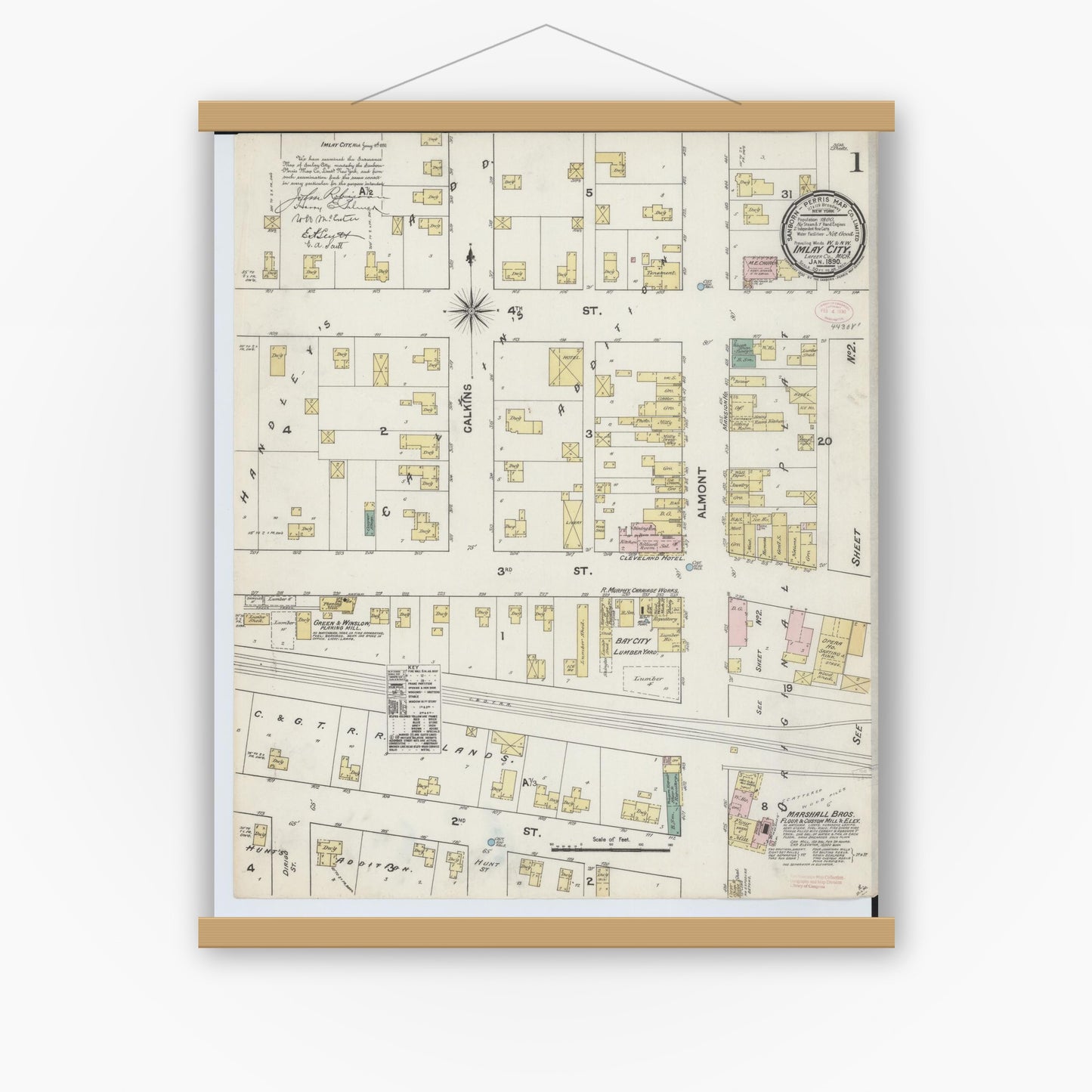 Old map wall art mockup — magnetic wood frame on white wall — Sanborn Fire Insurance Map from Imlay City, Lapeer County, Michigan (1890) - Complete Map Set
