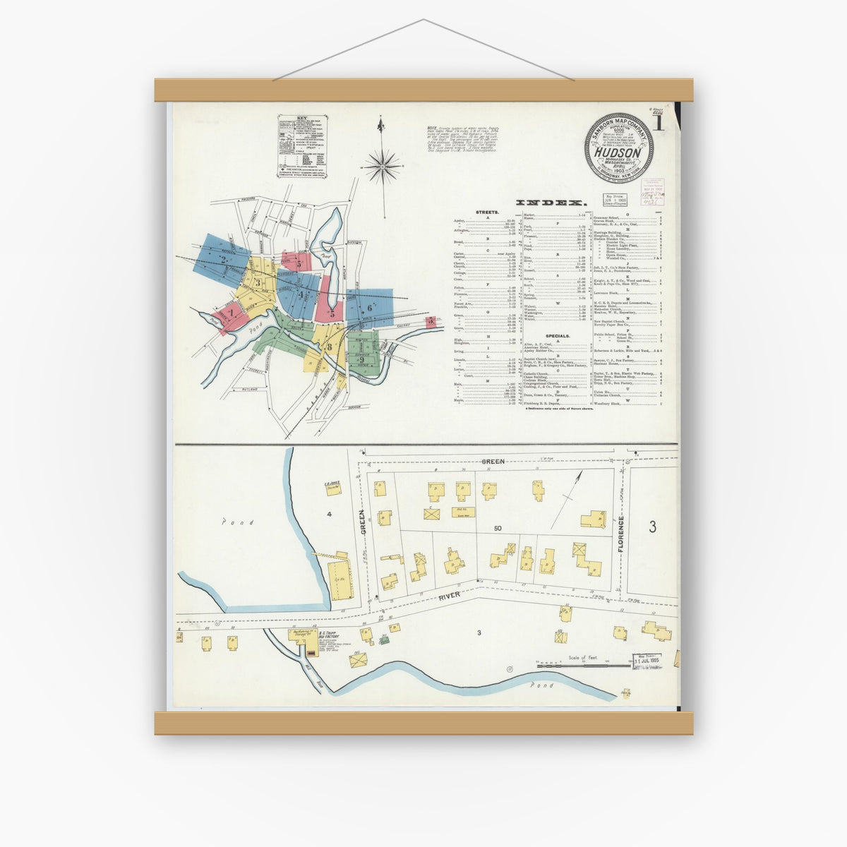 Old map wall art mockup — magnetic wood frame on white wall — Sanborn Fire Insurance Map from Hudson, Middlesex County, Massachusetts (1903), Sheet #0001
