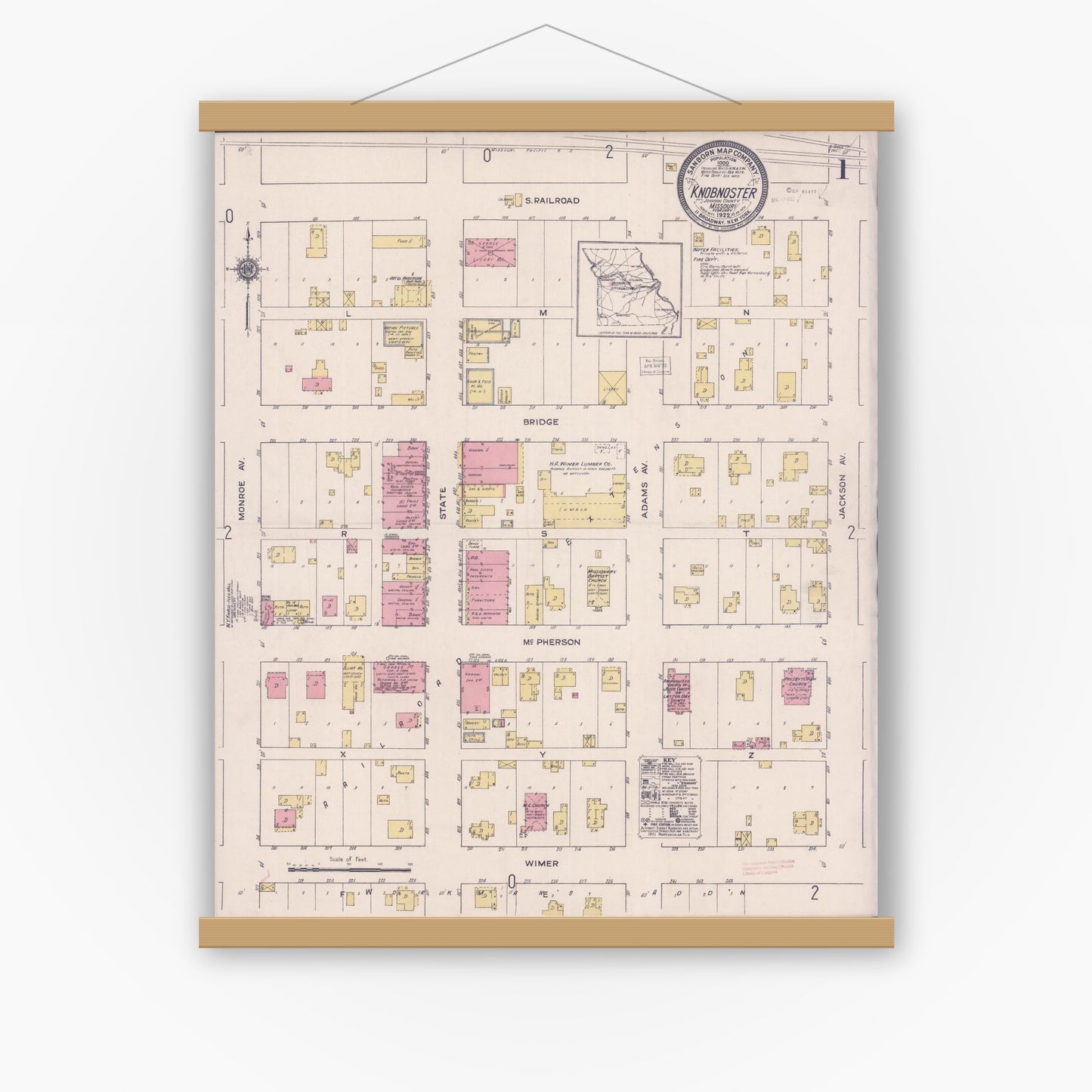 Old map wall art mockup — magnetic wood frame on white wall — Sanborn Fire Insurance Map from Knobnoster, Johnson County, Missouri (1922) - Complete Map Set