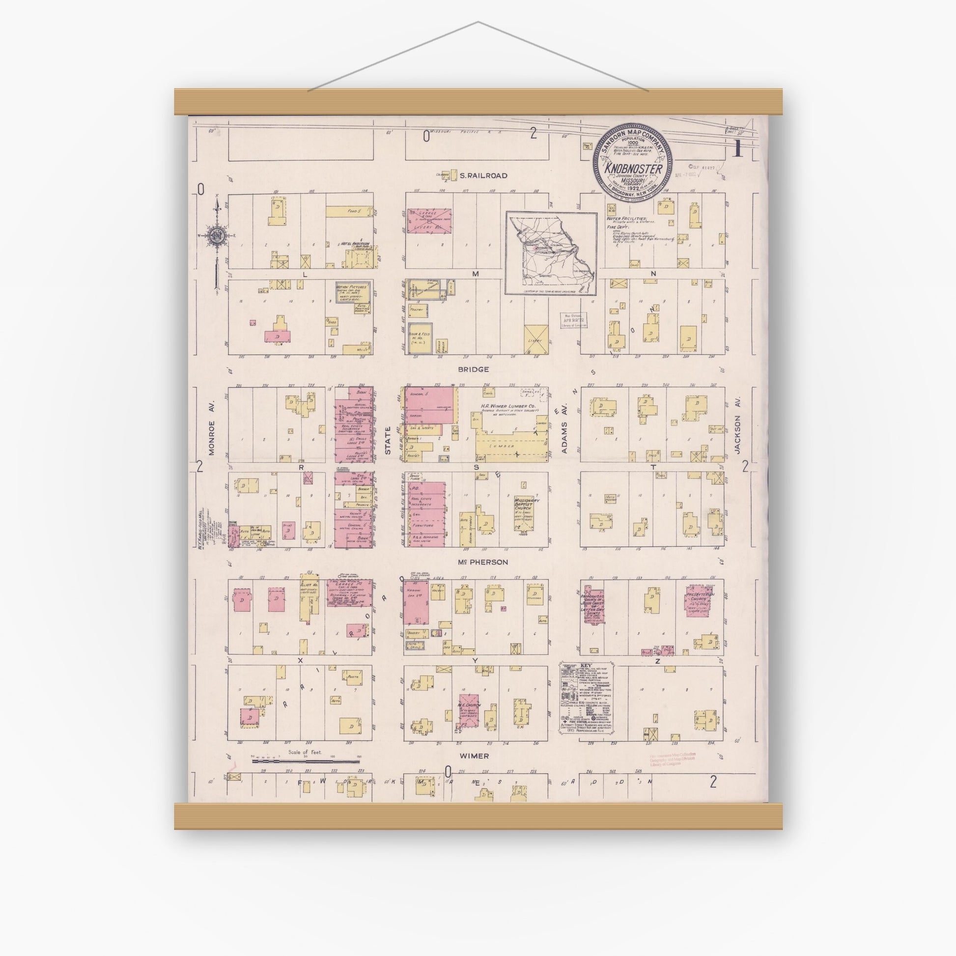 Old map wall art mockup — magnetic wood frame on white wall — Sanborn Fire Insurance Map from Knobnoster, Johnson County, Missouri (1922) - Complete Map Set