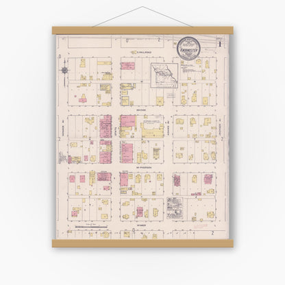 Old map wall art mockup — magnetic wood frame on white wall — Sanborn Fire Insurance Map from Knobnoster, Johnson County, Missouri (1922) - Complete Map Set