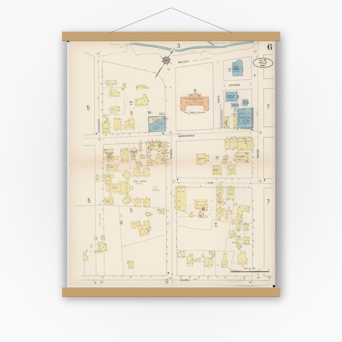 Old map wall art mockup — magnetic wood frame on white wall — Sanborn Fire Insurance Map from Hilo, Hawaii County, Hawaii (1914), Sheet #0006