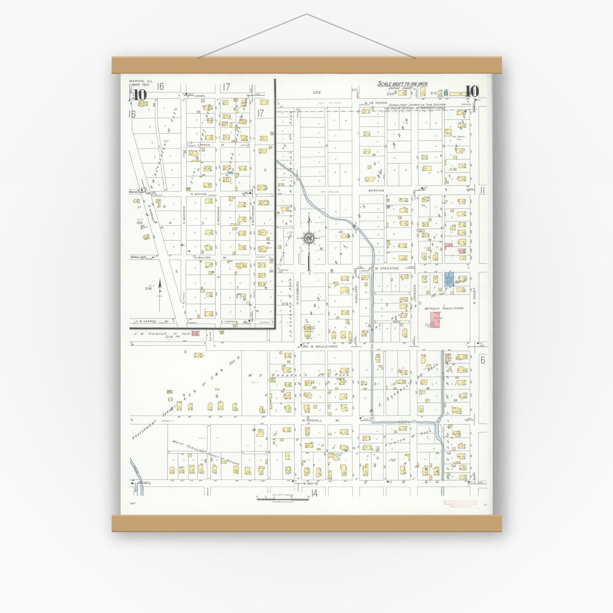 Old map wall art mockup — magnetic wood frame on white wall — Sanborn Fire Insurance Map from Marion, Williamson County, Illinois (1937), Sheet #0010