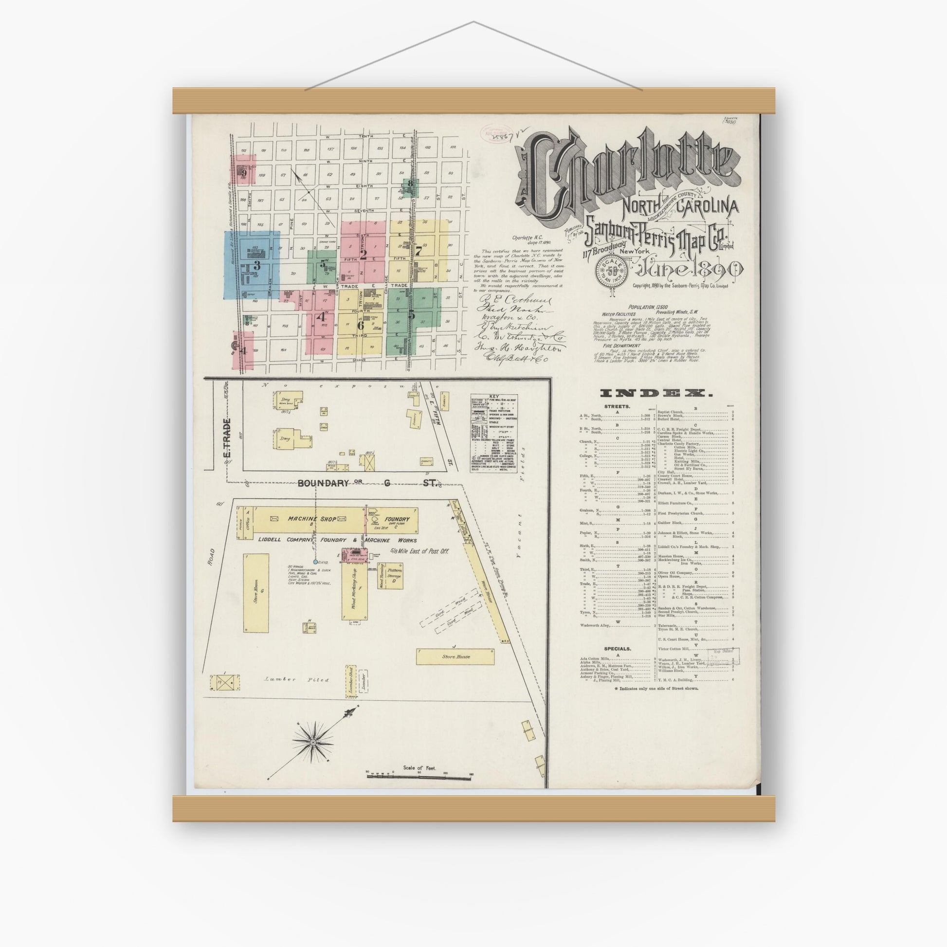 Old map wall art mockup — magnetic wood frame on white wall — Sanborn Fire Insurance Map from Charlotte, Mecklenburg County, North Carolina (1890), Sheet #0001