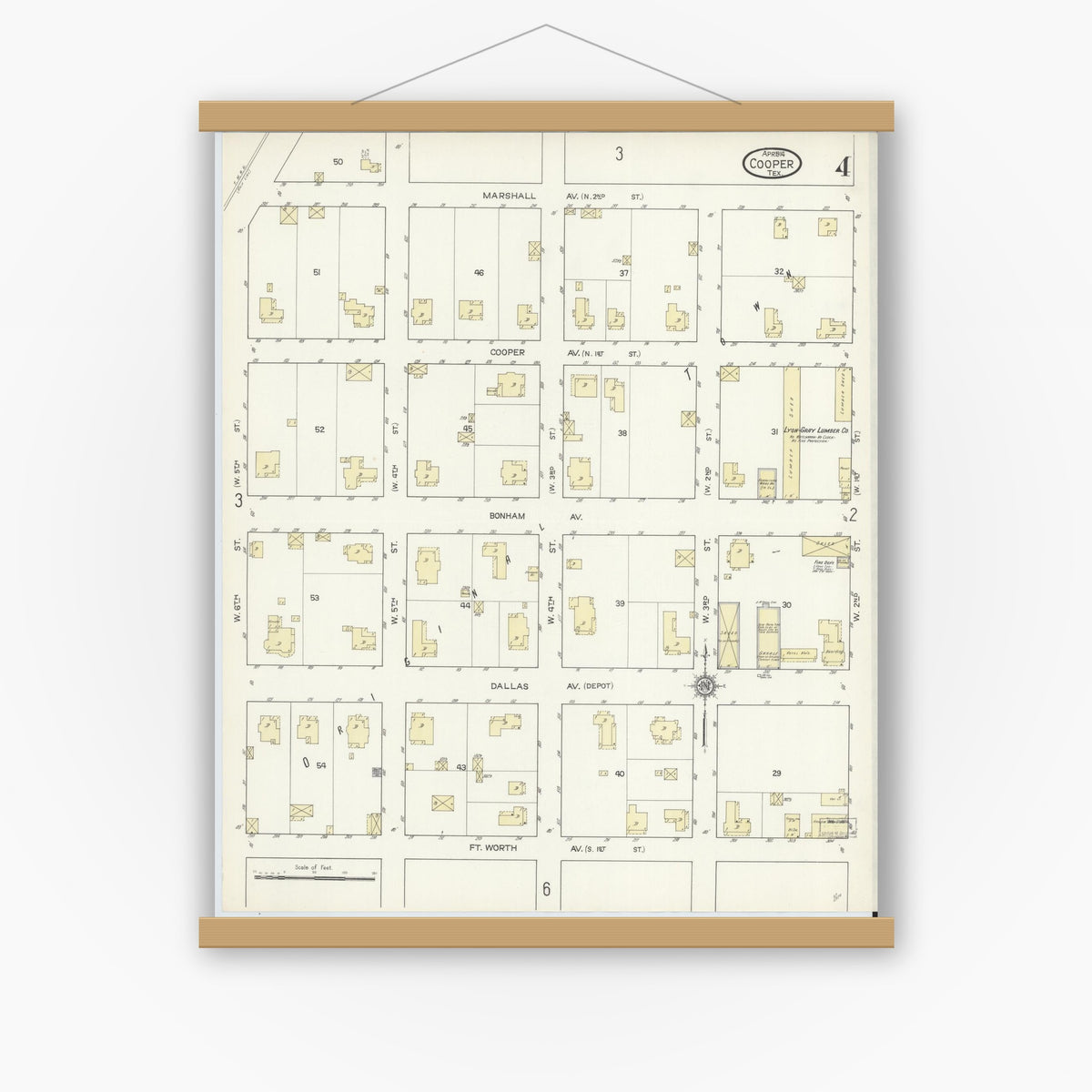 Old map wall art mockup — magnetic wood frame on white wall — Sanborn Fire Insurance Map from Cooper, Delta County, Texas (1914), Sheet #0004