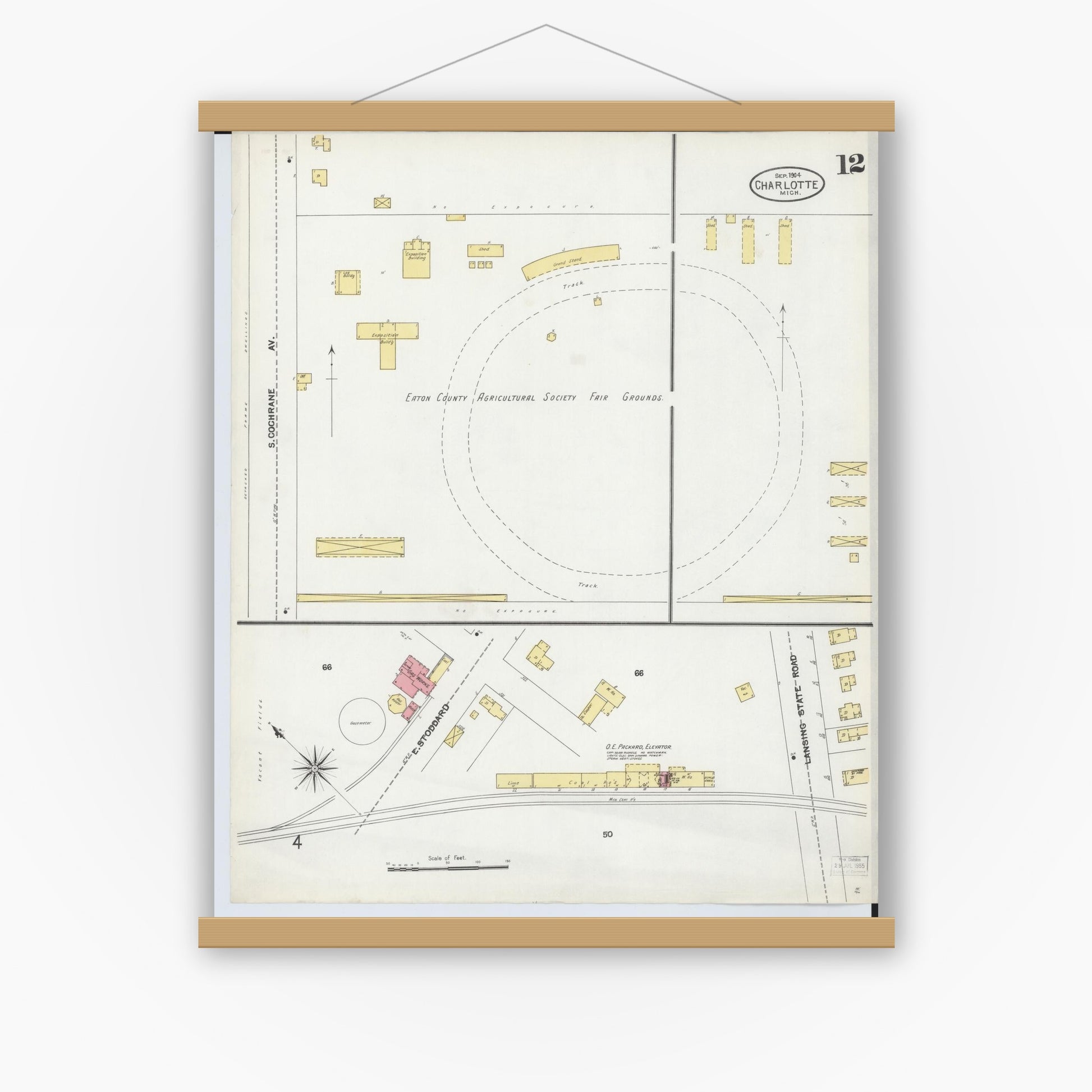 Old map wall art mockup — magnetic wood frame on white wall — Sanborn Fire Insurance Map from Charlotte, Eaton County, Michigan (1904), Sheet #0012