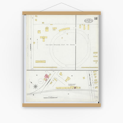 Old map wall art mockup — magnetic wood frame on white wall — Sanborn Fire Insurance Map from Charlotte, Eaton County, Michigan (1904), Sheet #0012