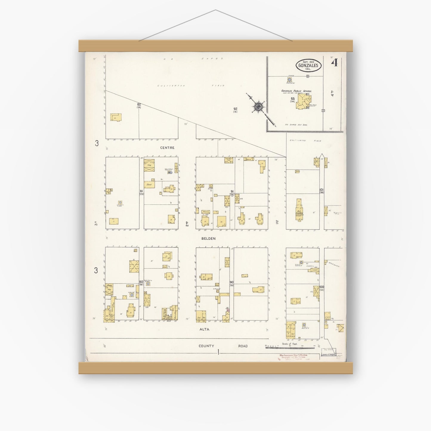 Old map wall art mockup — magnetic wood frame on white wall — Sanborn Fire Insurance Map from Gonzales, Monterey County, California (1910), Sheet #0004