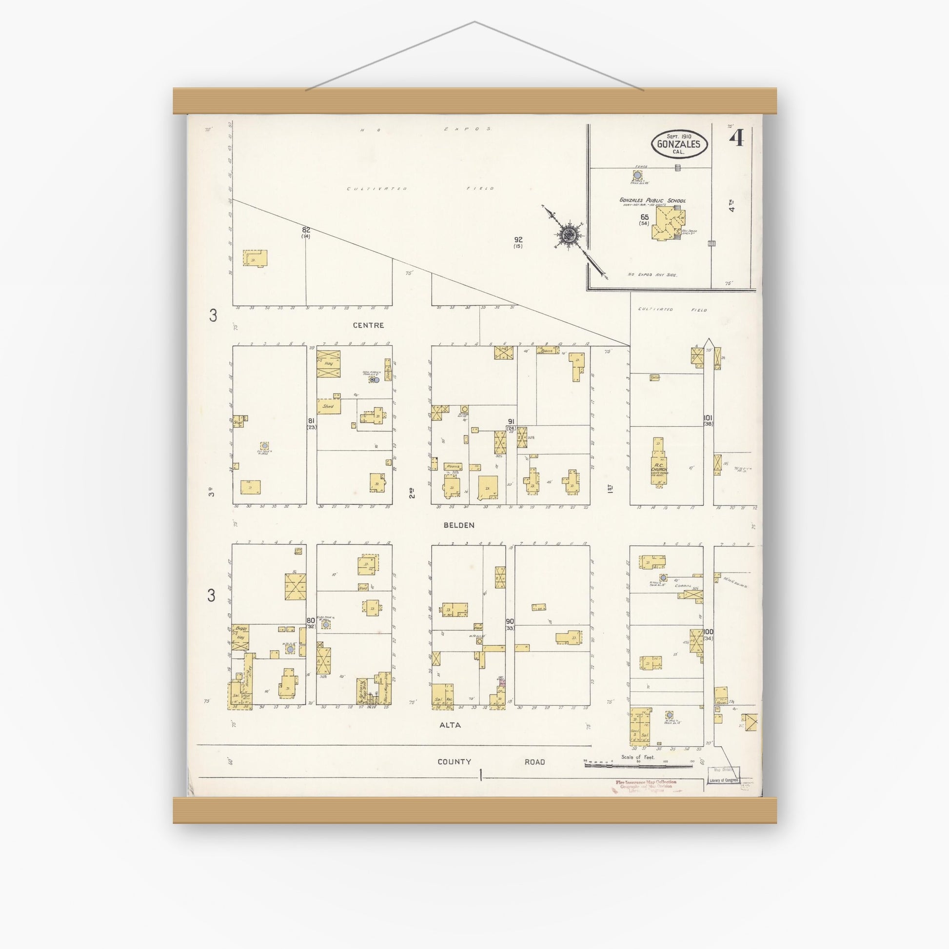 Old map wall art mockup — magnetic wood frame on white wall — Sanborn Fire Insurance Map from Gonzales, Monterey County, California (1910), Sheet #0004