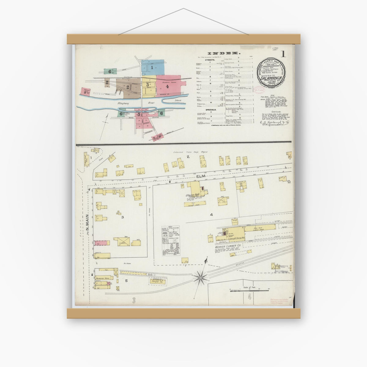 Old map wall art mockup — magnetic wood frame on white wall — Sanborn Fire Insurance Map from Salamanca, Cattaraugus County, New York (1893) - Complete Map Set