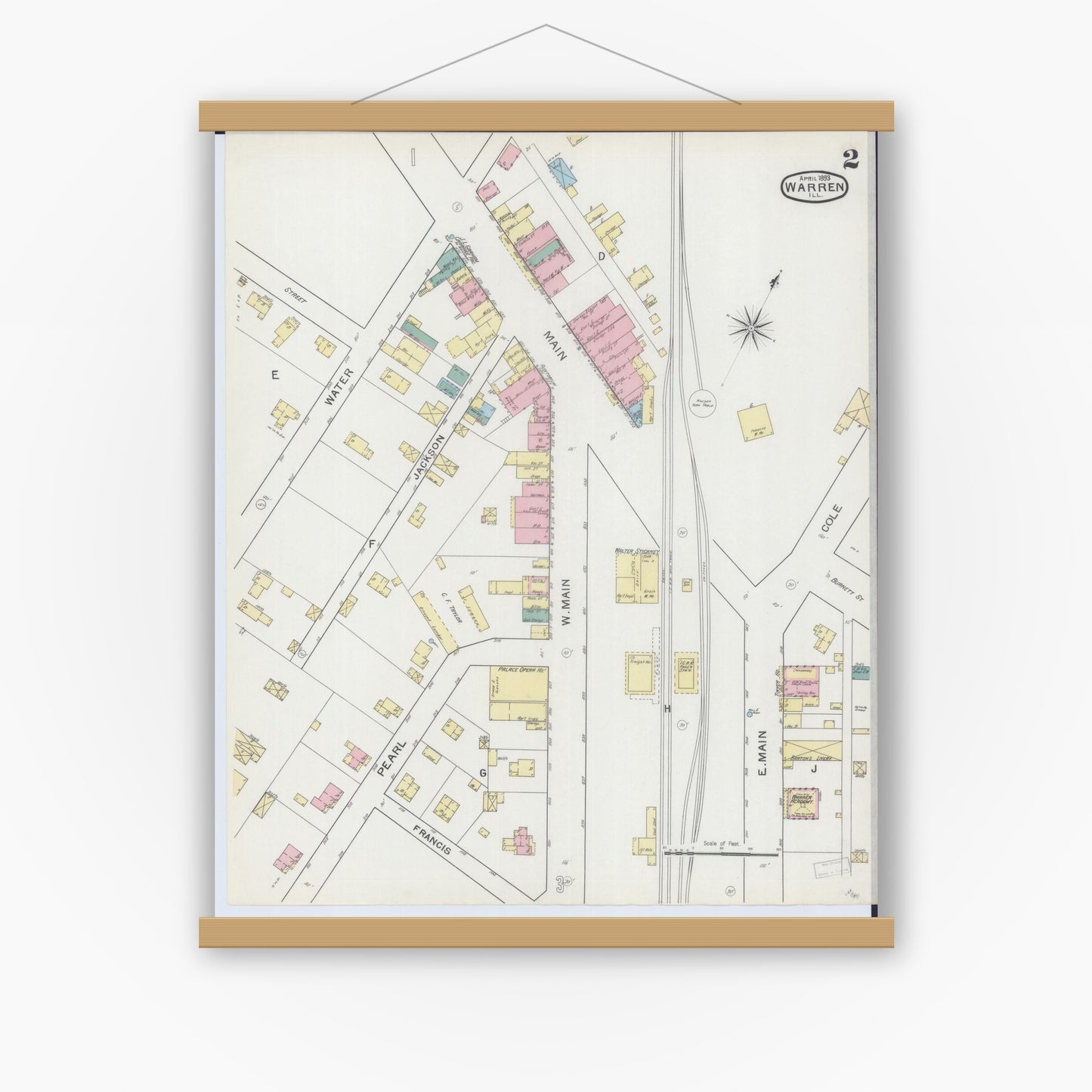 Old map wall art mockup — magnetic wood frame on white wall — Sanborn Fire Insurance Map from Warren, Jo Daviess County, Illinois (1893), Sheet #0002