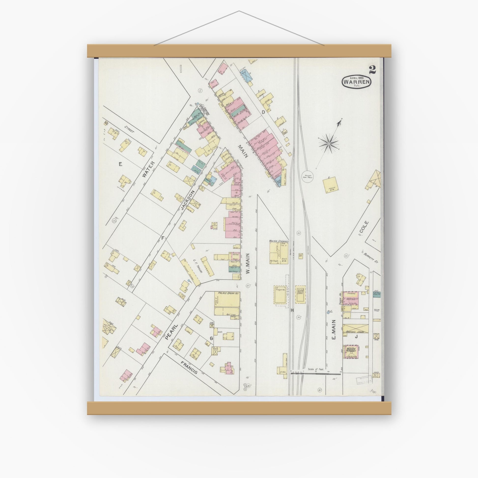 Old map wall art mockup — magnetic wood frame on white wall — Sanborn Fire Insurance Map from Warren, Jo Daviess County, Illinois (1893), Sheet #0002