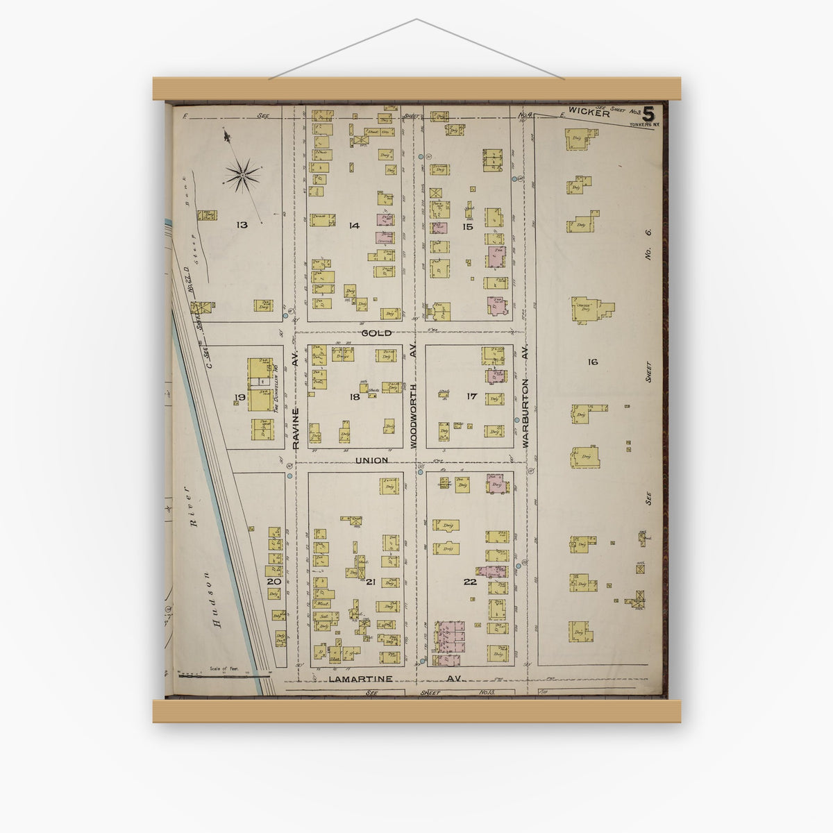 Old map wall art mockup — magnetic wood frame on white wall — Sanborn Fire Insurance Map from Yonkers, Westchester County, New York (1886), Sheet #0005