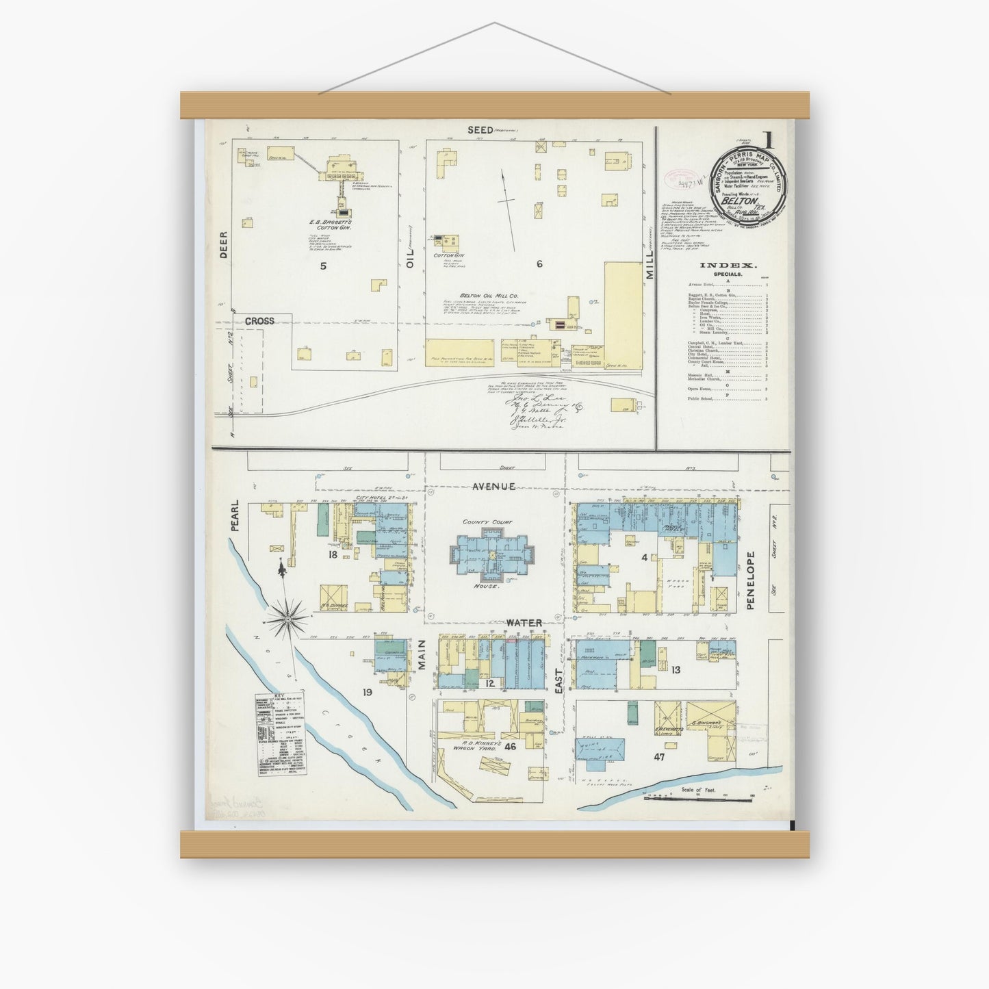 Old map wall art mockup — magnetic wood frame on white wall — Sanborn Fire Insurance Map from Belton, Bell County, Texas (1891), Sheet #0001