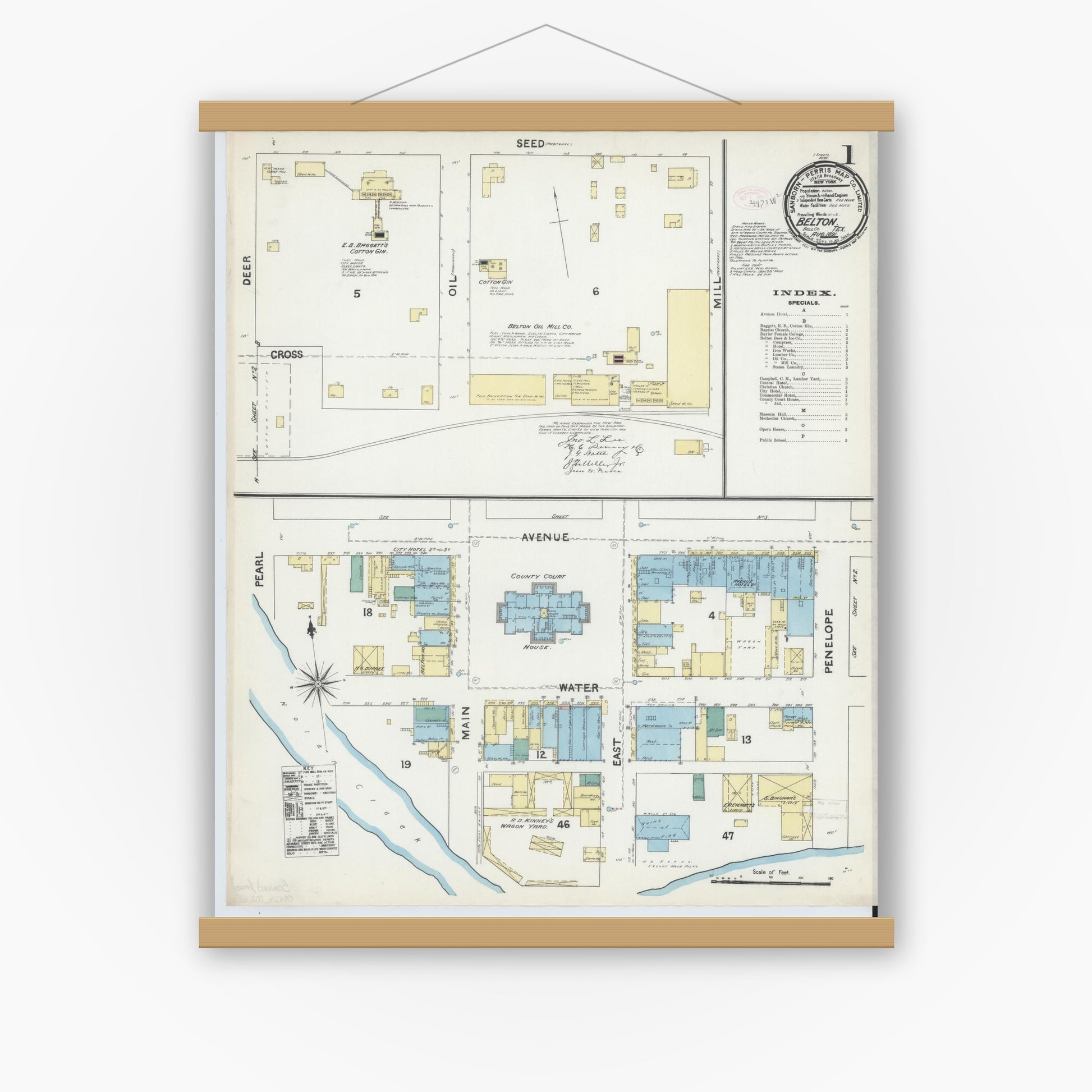 Old map wall art mockup — magnetic wood frame on white wall — Sanborn Fire Insurance Map from Belton, Bell County, Texas (1891), Sheet #0001
