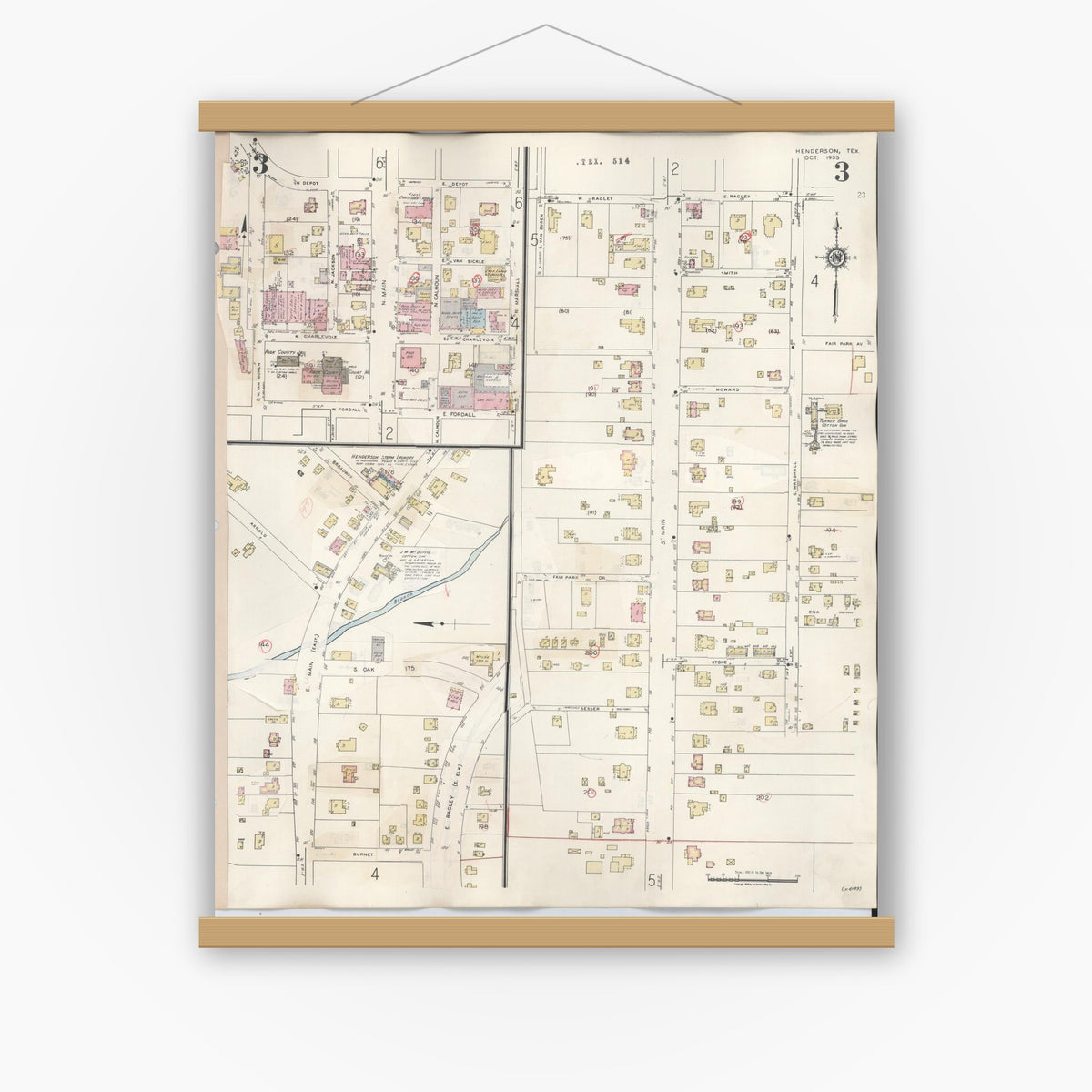 Old map wall art mockup — magnetic wood frame on white wall — Sanborn Fire Insurance Map from Henderson, Rusk County, Texas (1949), Sheet #0003