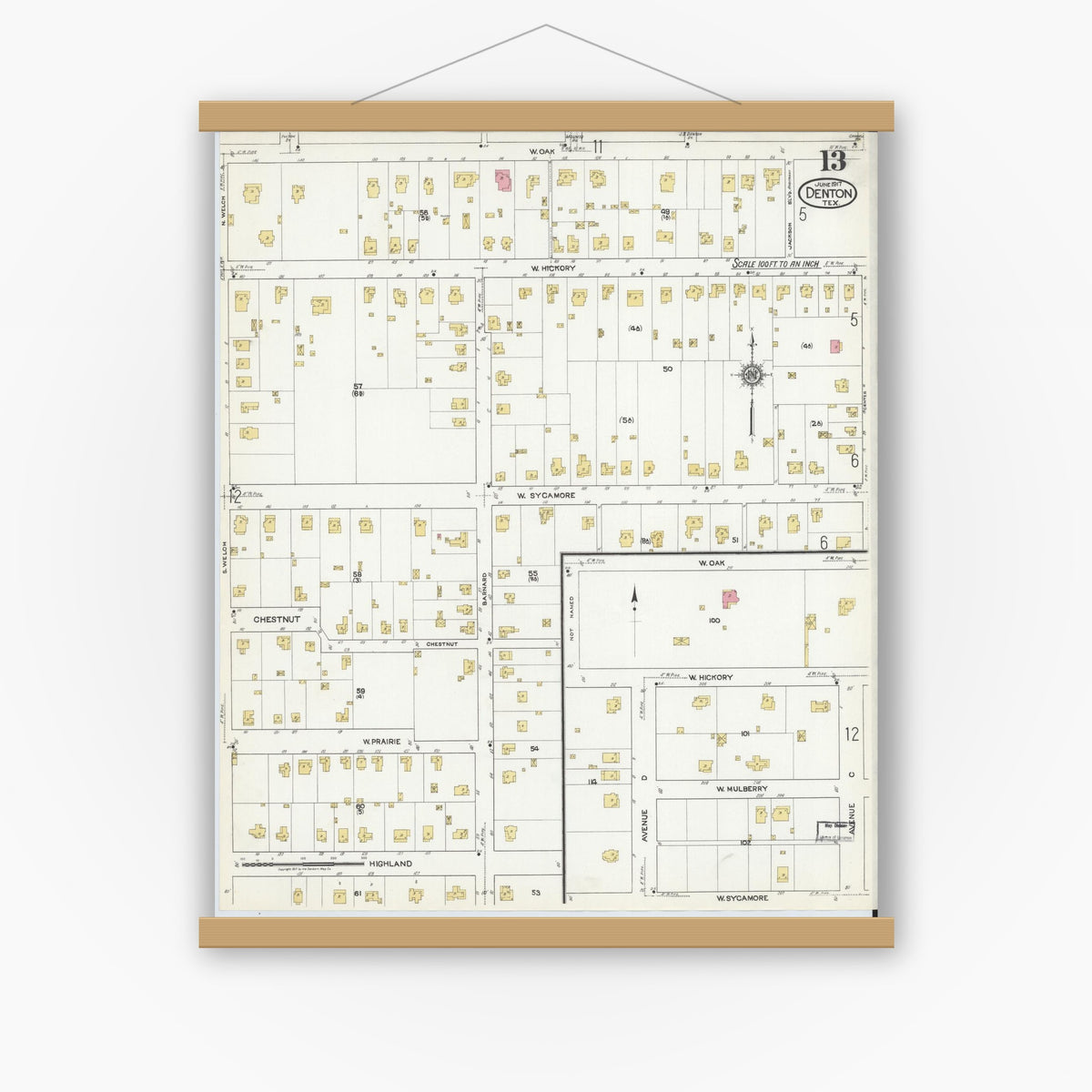 Old map wall art mockup — magnetic wood frame on white wall — Sanborn Fire Insurance Map from Denton, Denton County, Texas (1917), Sheet #0013