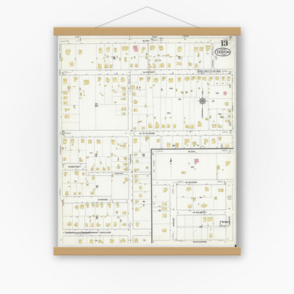 Old map wall art mockup — magnetic wood frame on white wall — Sanborn Fire Insurance Map from Denton, Denton County, Texas (1917), Sheet #0013