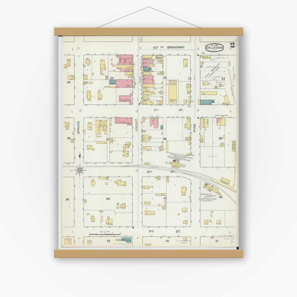Old map wall art mockup — magnetic wood frame on white wall — Sanborn Fire Insurance Map from Delavan, Tazewell County, Illinois (1893), Sheet #0002