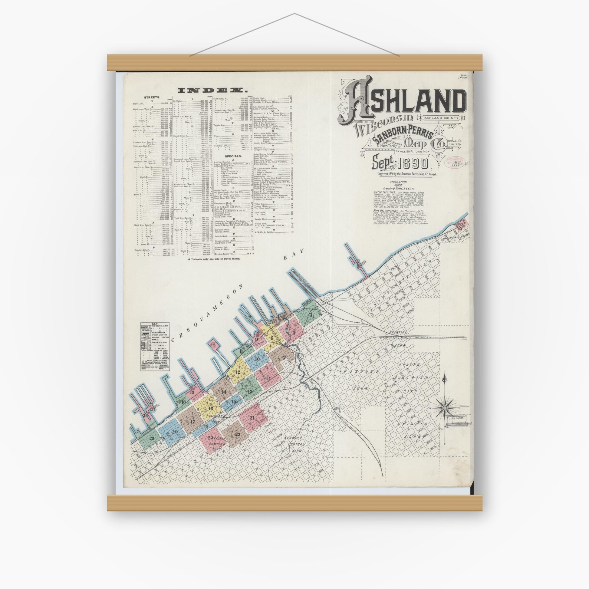 Old map wall art mockup — magnetic wood frame on white wall — Sanborn Fire Insurance Map from Ashland, Ashland County, Wisconsin (1890), Sheet #0001
