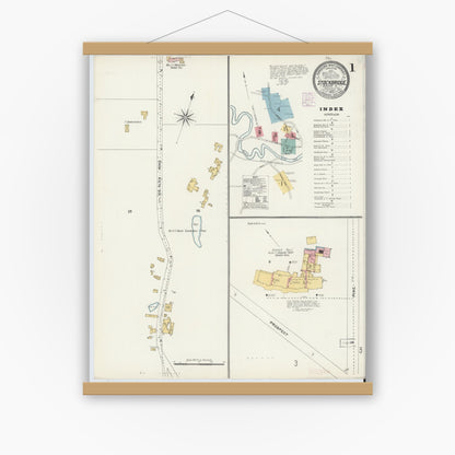 Old map wall art mockup — magnetic wood frame on white wall — Sanborn Fire Insurance Map from Stockbridge, Berkshire County, Massachusetts (1905), Sheet #0001