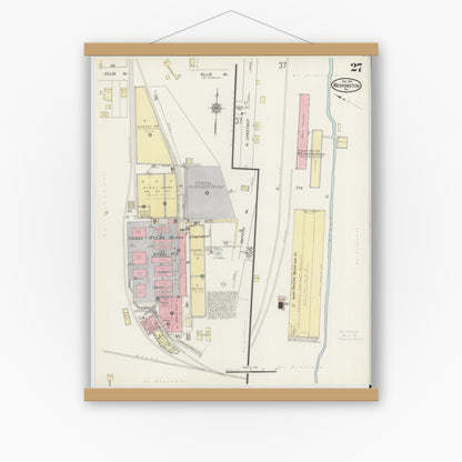 Old map wall art mockup — magnetic wood frame on white wall — Sanborn Fire Insurance Map from Washington, Washington County, Pennsylvania (1914), Sheet #0027