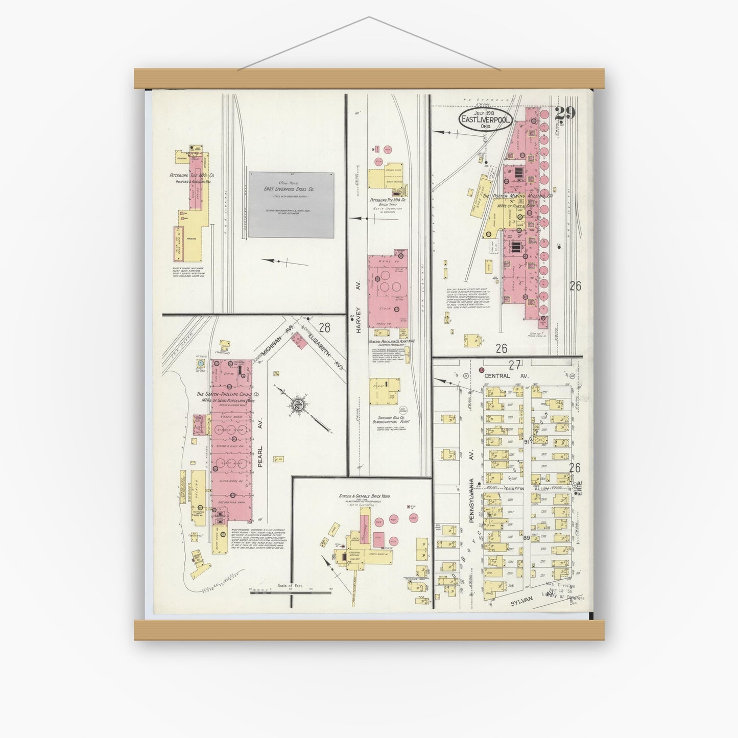 Old map wall art mockup — magnetic wood frame on white wall — Sanborn Fire Insurance Map from East Liverpool, Columbiana County, Ohio (1913), Sheet #0029