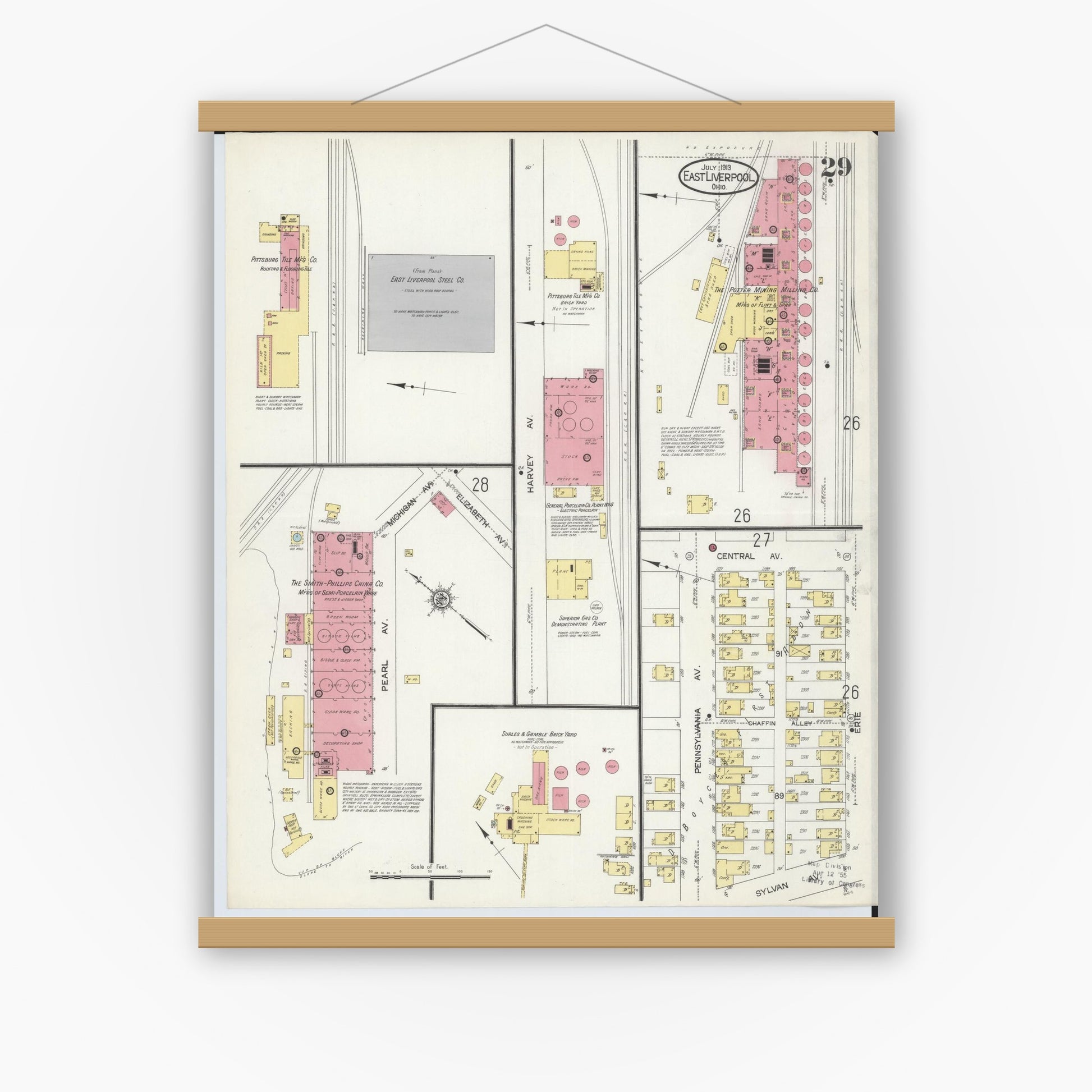 Old map wall art mockup — magnetic wood frame on white wall — Sanborn Fire Insurance Map from East Liverpool, Columbiana County, Ohio (1913), Sheet #0029
