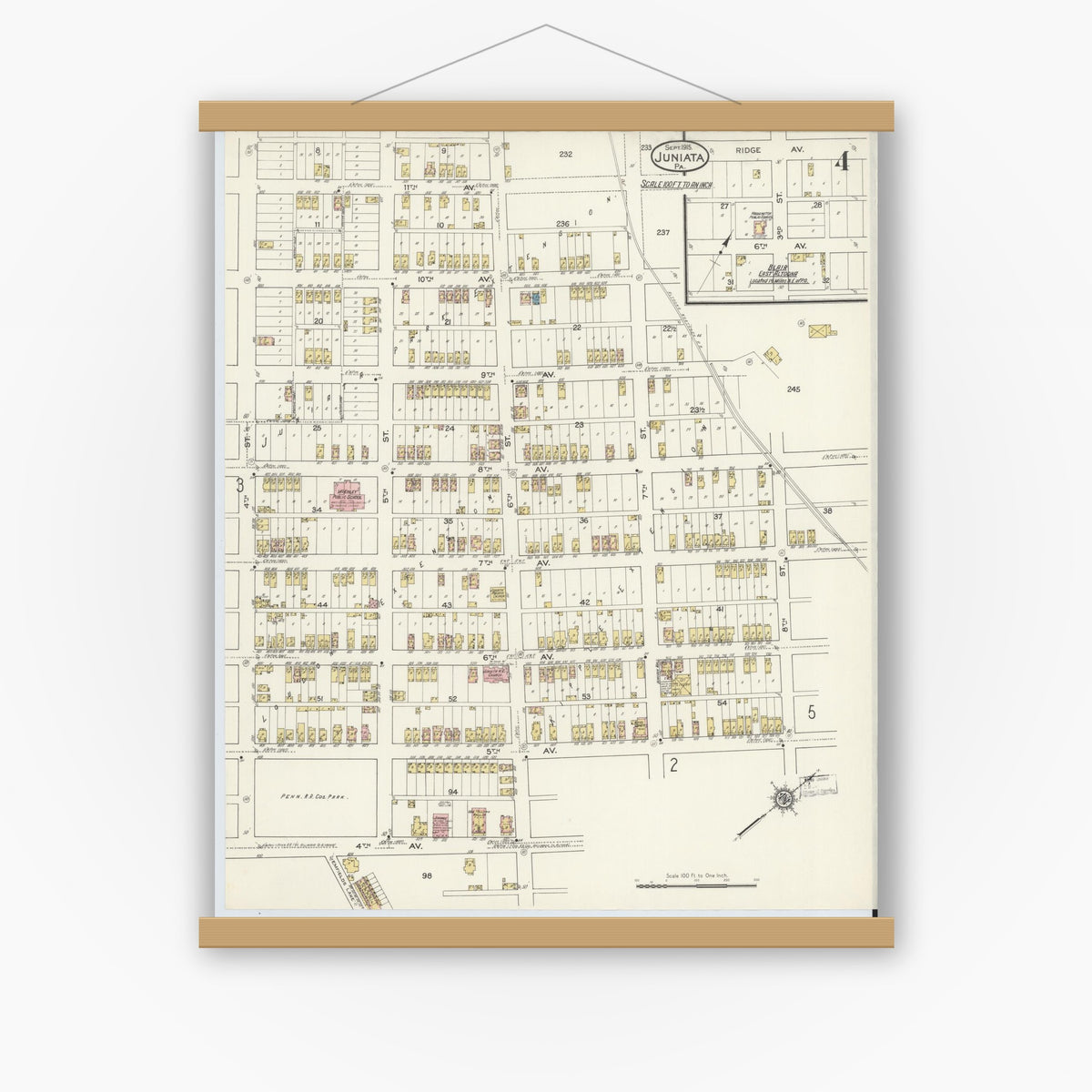 Old map wall art mockup — magnetic wood frame on white wall — Sanborn Fire Insurance Map from Juniata, Blair County, Pennsylvania (1915), Sheet #0004
