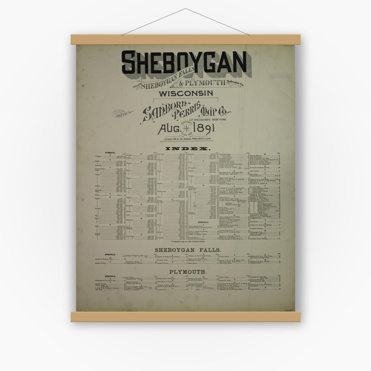 Old map wall art mockup — magnetic wood frame on white wall — Sanborn Fire Insurance Map from Sheboygan, Sheboygan County, Wisconsin (1891), Sheet #0001