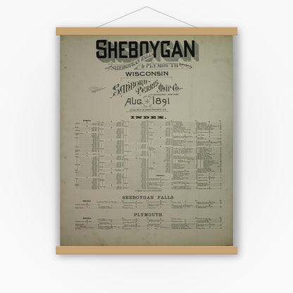 Old map wall art mockup — magnetic wood frame on white wall — Sanborn Fire Insurance Map from Sheboygan, Sheboygan County, Wisconsin (1891), Sheet #0001