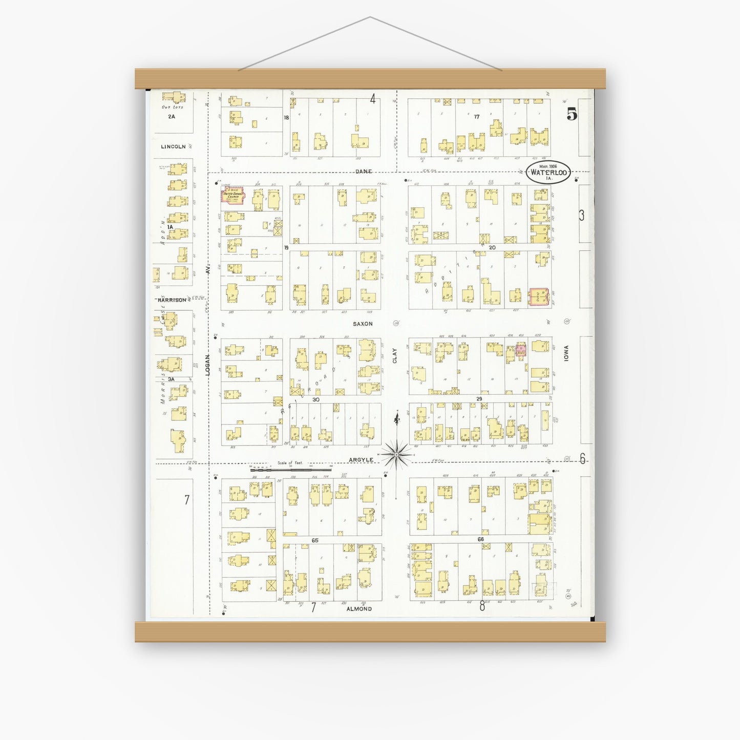 Old map wall art mockup — magnetic wood frame on white wall — Sanborn Fire Insurance Map from Waterloo, Black Hawk County, Iowa (1906), Sheet #0005
