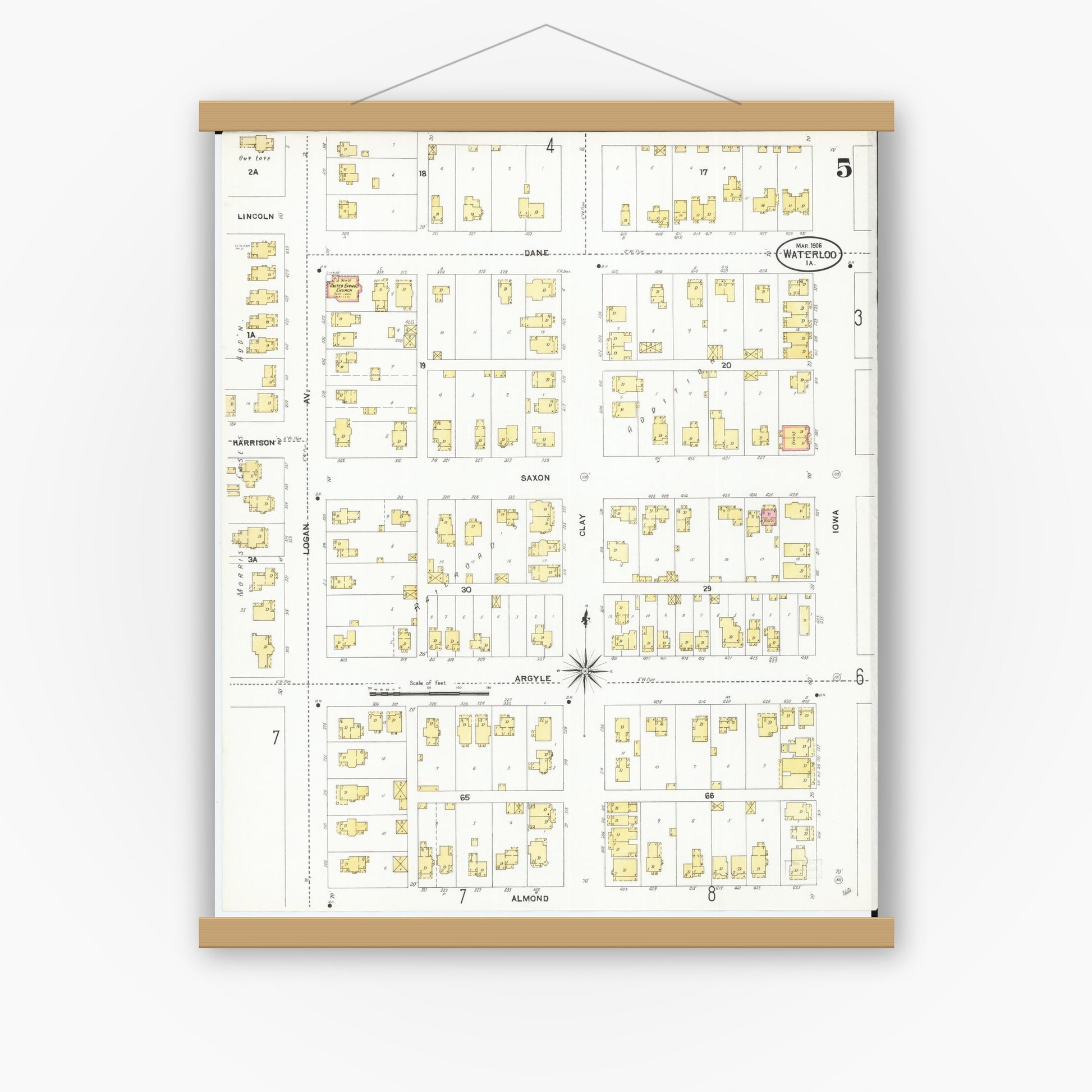 Old map wall art mockup — magnetic wood frame on white wall — Sanborn Fire Insurance Map from Waterloo, Black Hawk County, Iowa (1906), Sheet #0005