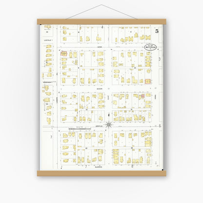 Old map wall art mockup — magnetic wood frame on white wall — Sanborn Fire Insurance Map from Waterloo, Black Hawk County, Iowa (1906), Sheet #0005