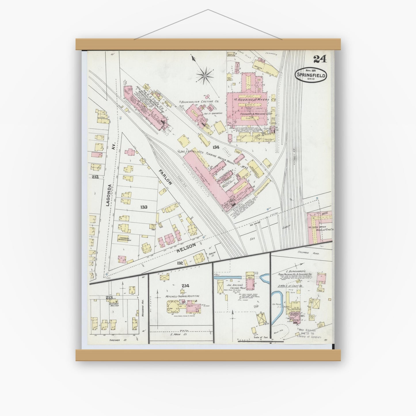 Old map wall art mockup — magnetic wood frame on white wall — Sanborn Fire Insurance Map from Springfield, Clark County, Ohio (1891), Sheet #0024