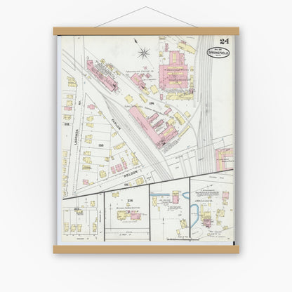 Old map wall art mockup — magnetic wood frame on white wall — Sanborn Fire Insurance Map from Springfield, Clark County, Ohio (1891), Sheet #0024