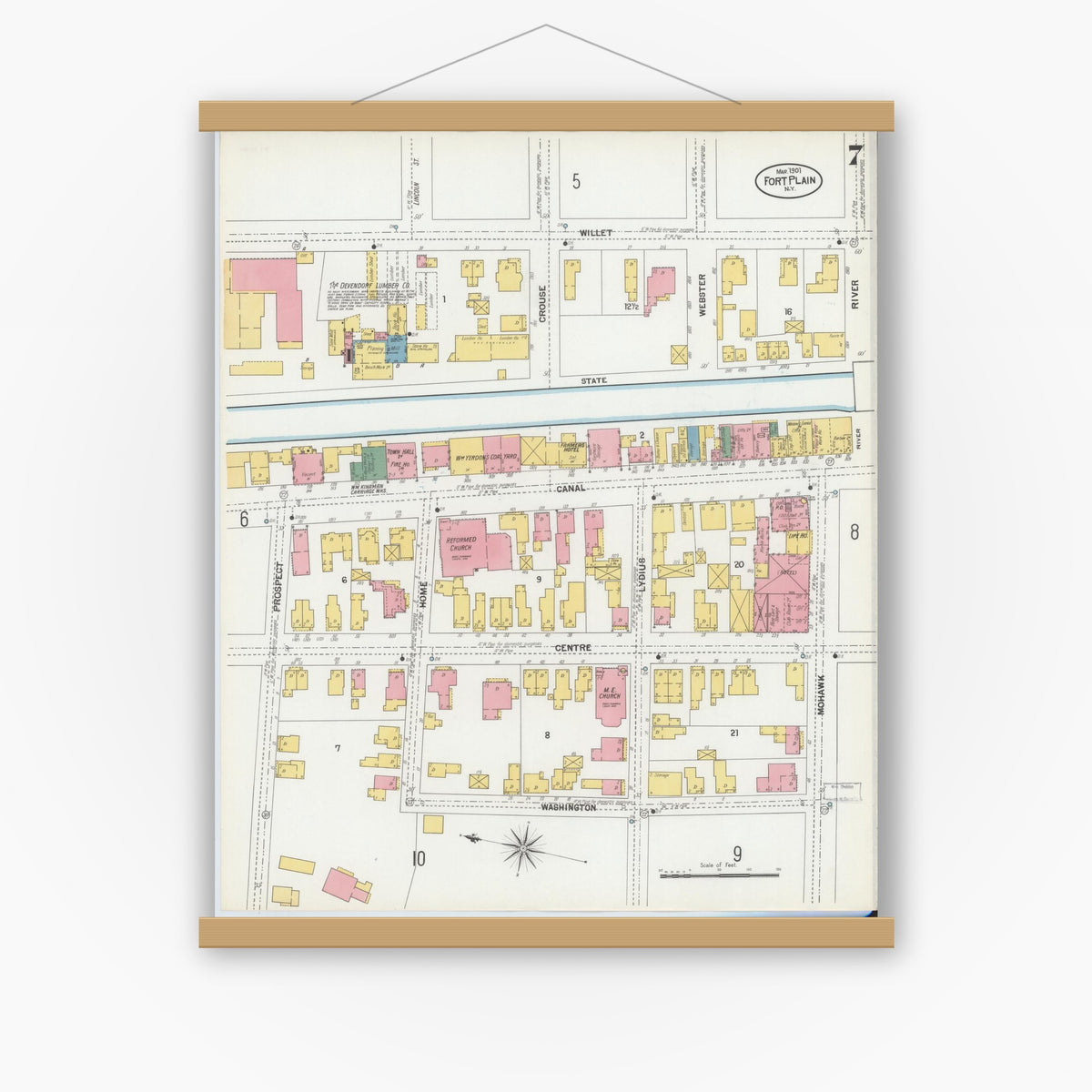 Old map wall art mockup — magnetic wood frame on white wall — Sanborn Fire Insurance Map from Fort Plain, Montgomery County, New York (1901), Sheet #0007