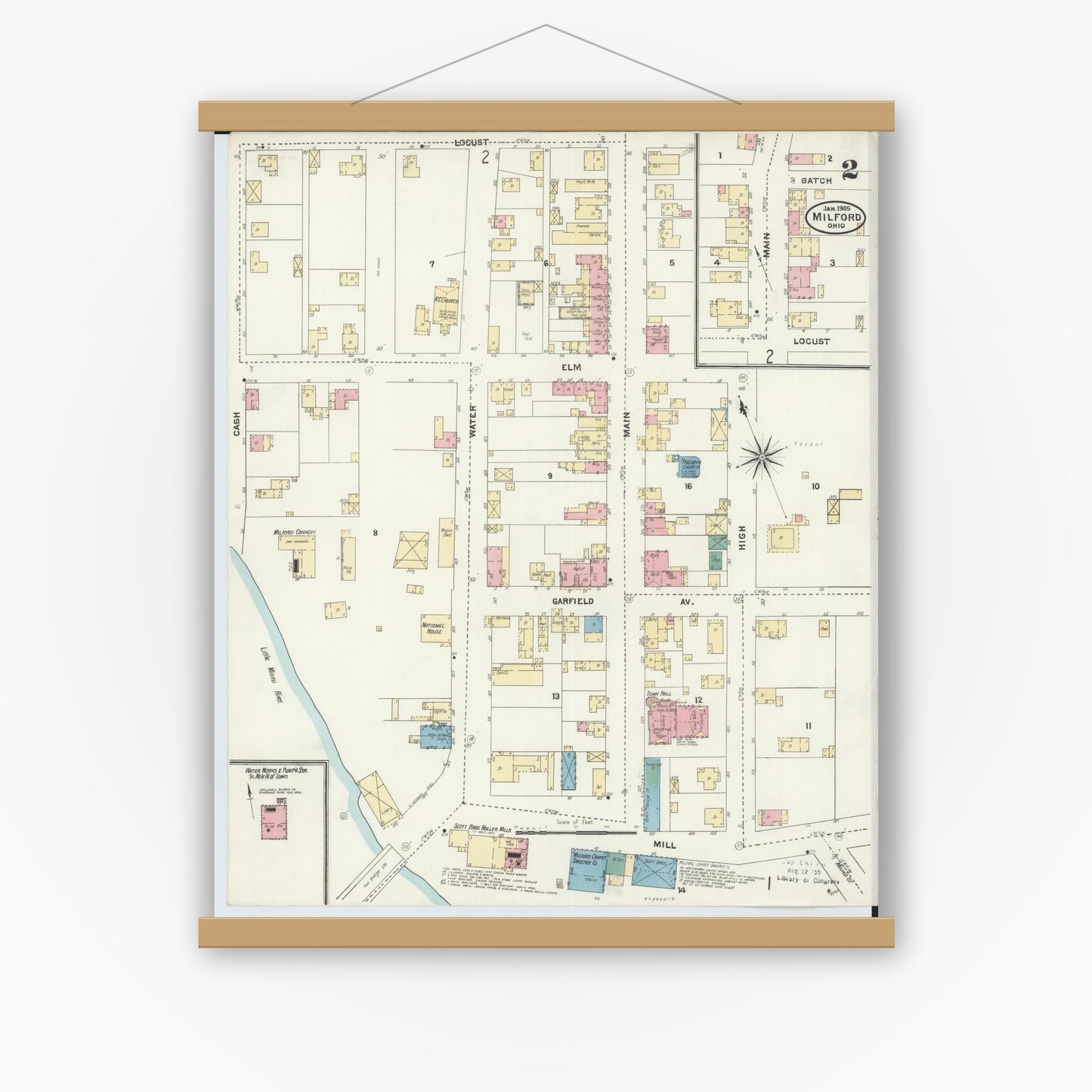 Old map wall art mockup — magnetic wood frame on white wall — Sanborn Fire Insurance Map from Milford, Clermont And Hamilton County, Ohio (1905), Sheet #0002