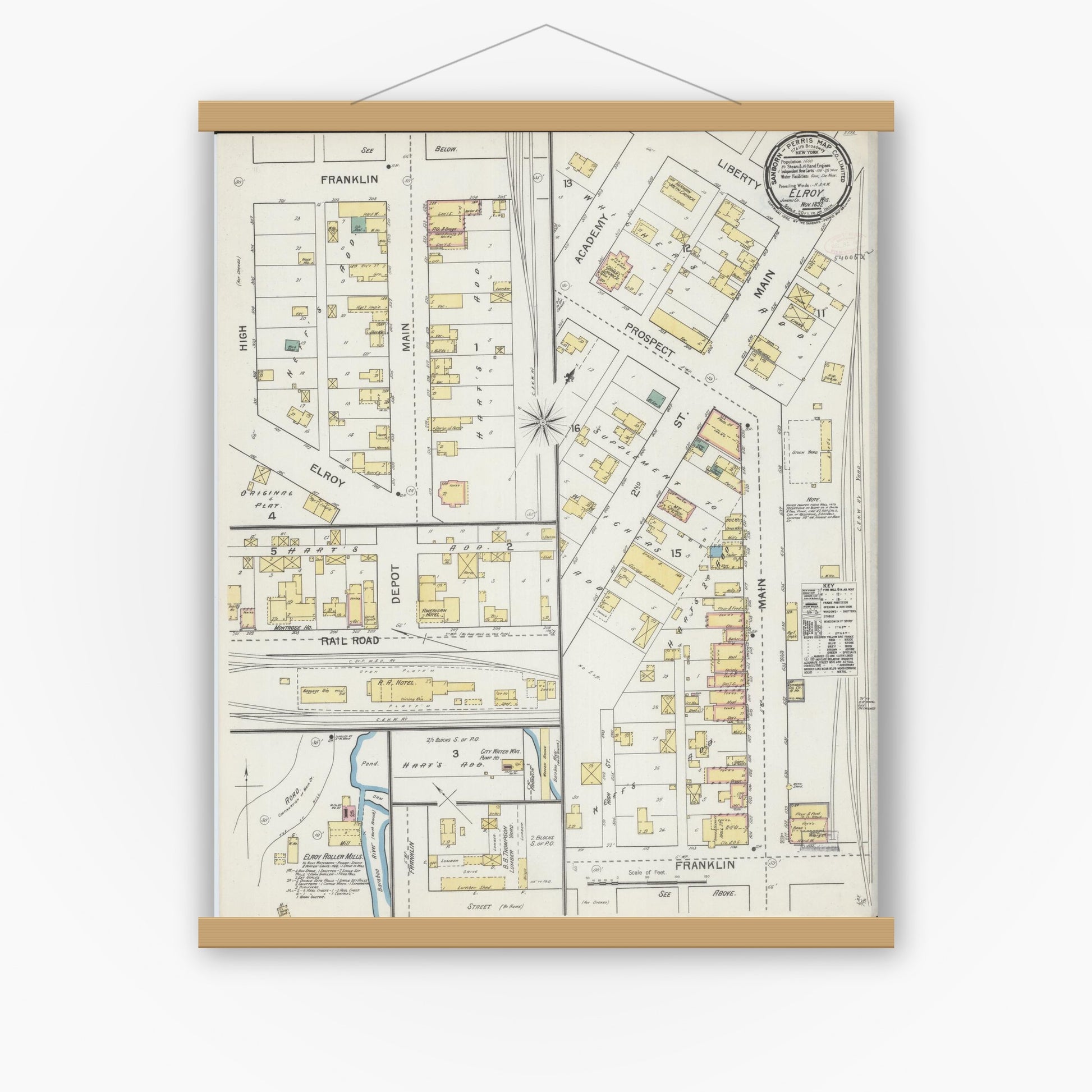 Old map wall art mockup — magnetic wood frame on white wall — Sanborn Fire Insurance Map from Elroy, Juneau County, Wisconsin (1892), Sheet #0001