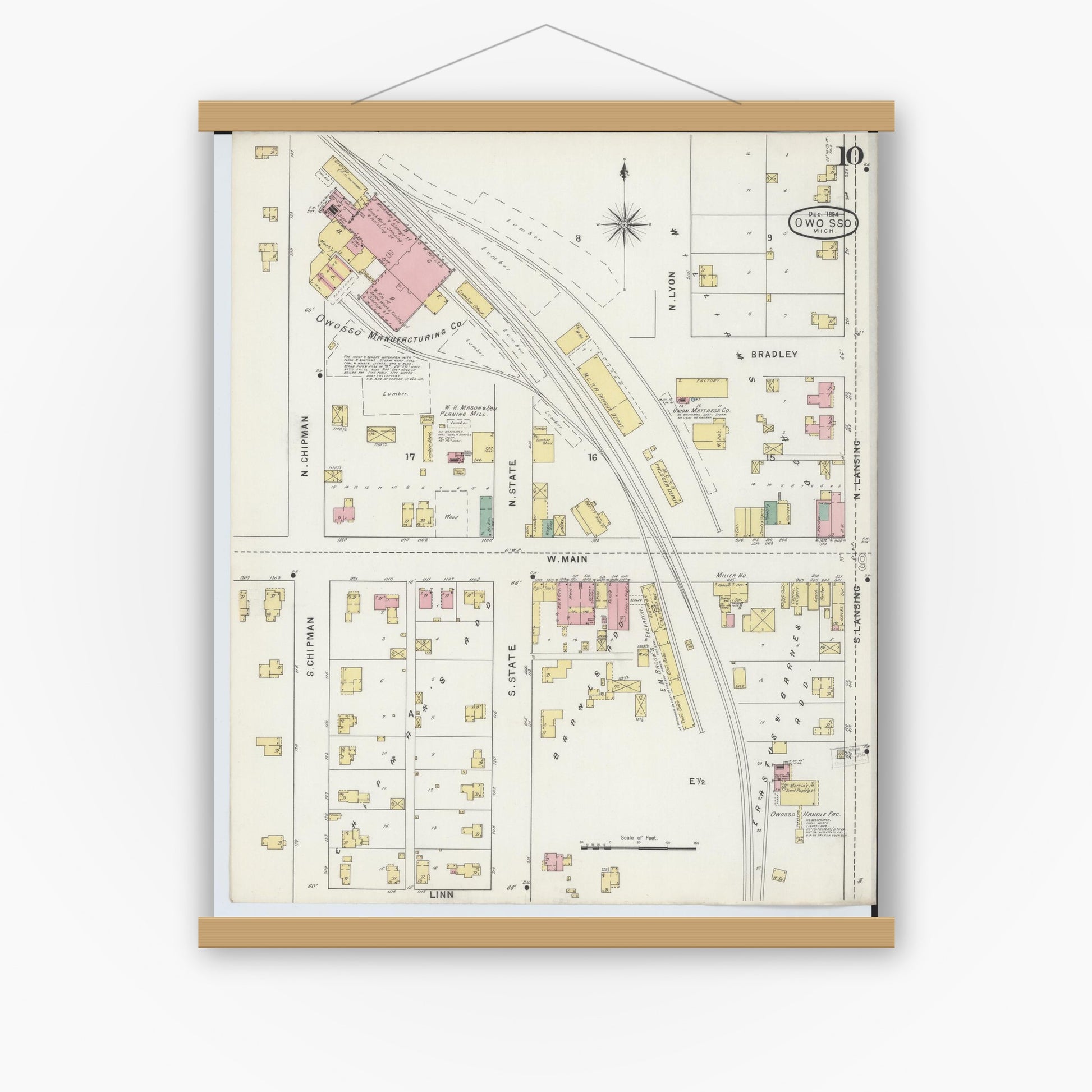 Old map wall art mockup — magnetic wood frame on white wall — Sanborn Fire Insurance Map from Owosso, Shiawassee County, Michigan (1894), Sheet #0010