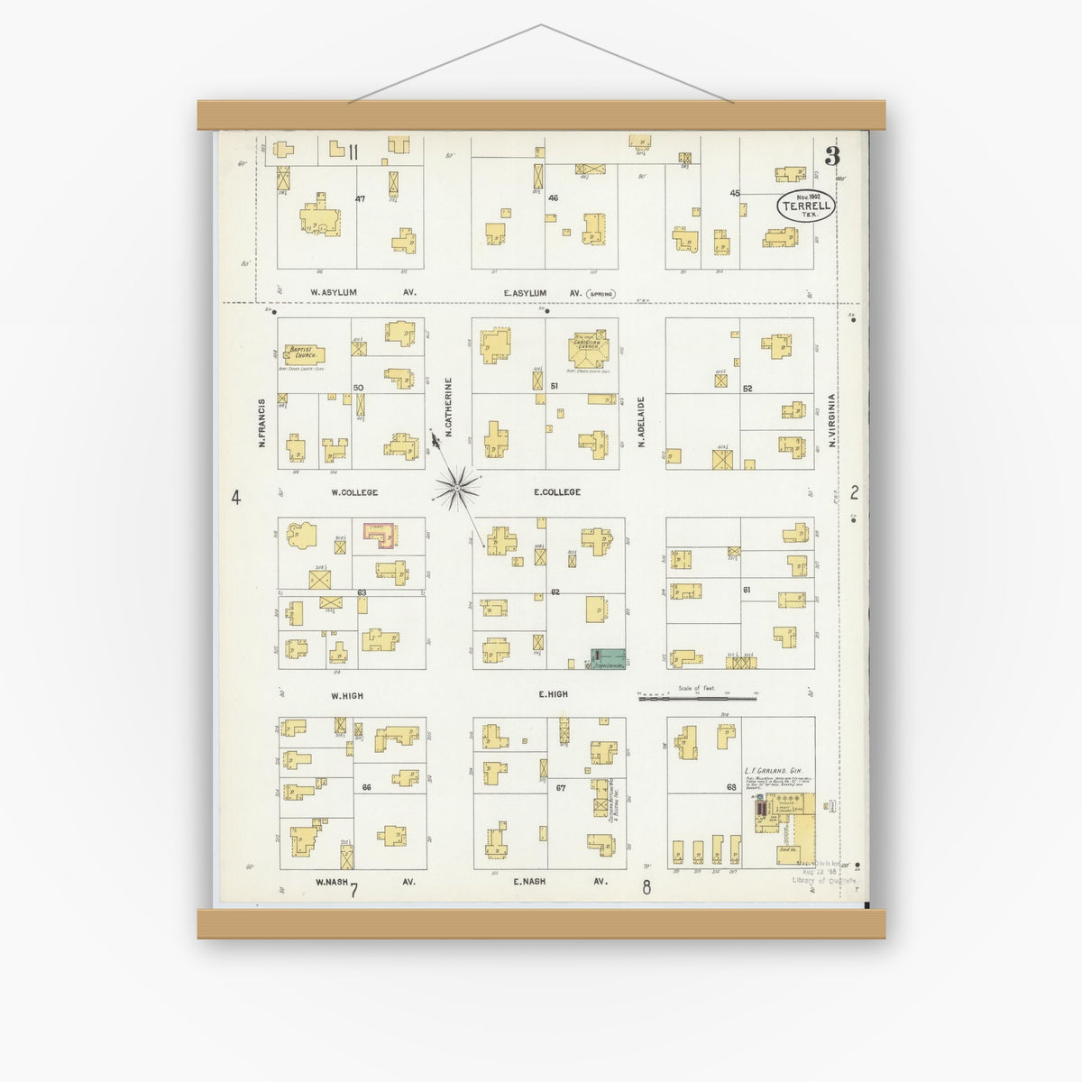 Old map wall art mockup — magnetic wood frame on white wall — Sanborn Fire Insurance Map from Terrell, Kaufman County, Texas (1902), Sheet #0003