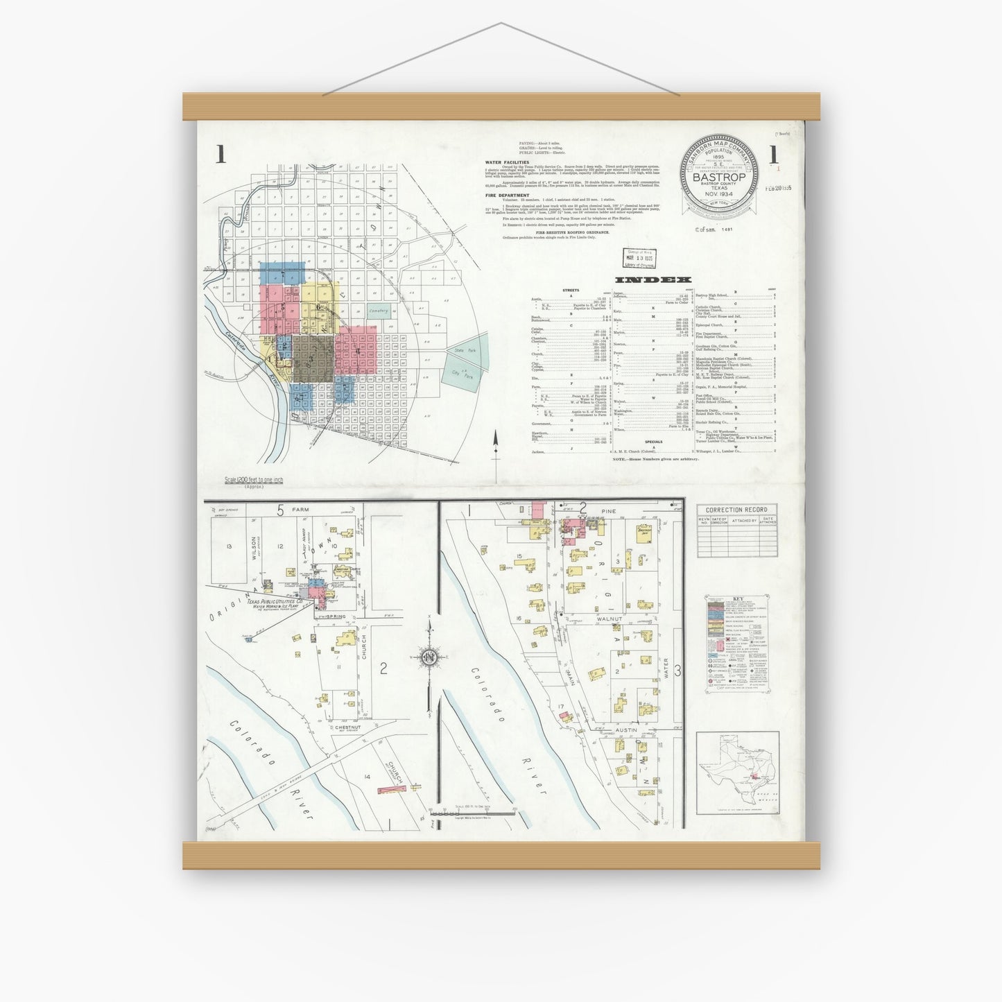 Old map wall art mockup — magnetic wood frame on white wall — Sanborn Fire Insurance Map from Bastrop, Bastrop County, Texas (1934), Sheet #0001