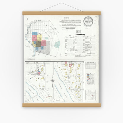 Old map wall art mockup — magnetic wood frame on white wall — Sanborn Fire Insurance Map from Bastrop, Bastrop County, Texas (1934), Sheet #0001