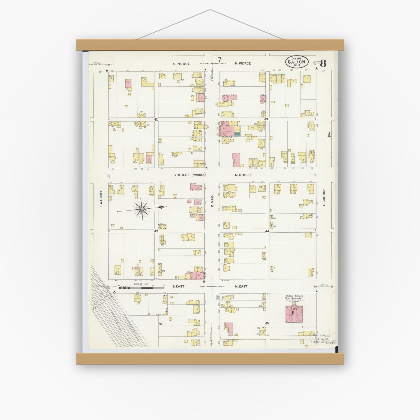 Old map wall art mockup — magnetic wood frame on white wall — Sanborn Fire Insurance Map from Galion, Crawford County, Ohio (1907), Sheet #0008