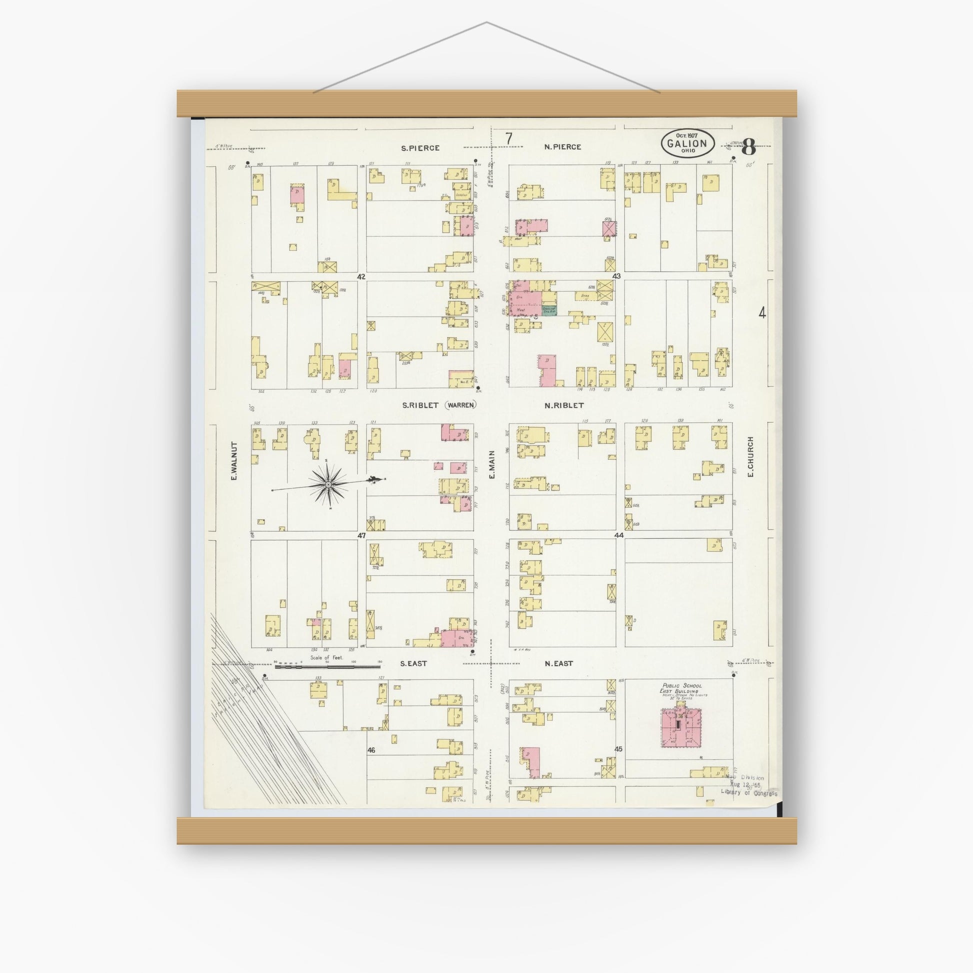 Old map wall art mockup — magnetic wood frame on white wall — Sanborn Fire Insurance Map from Galion, Crawford County, Ohio (1907), Sheet #0008