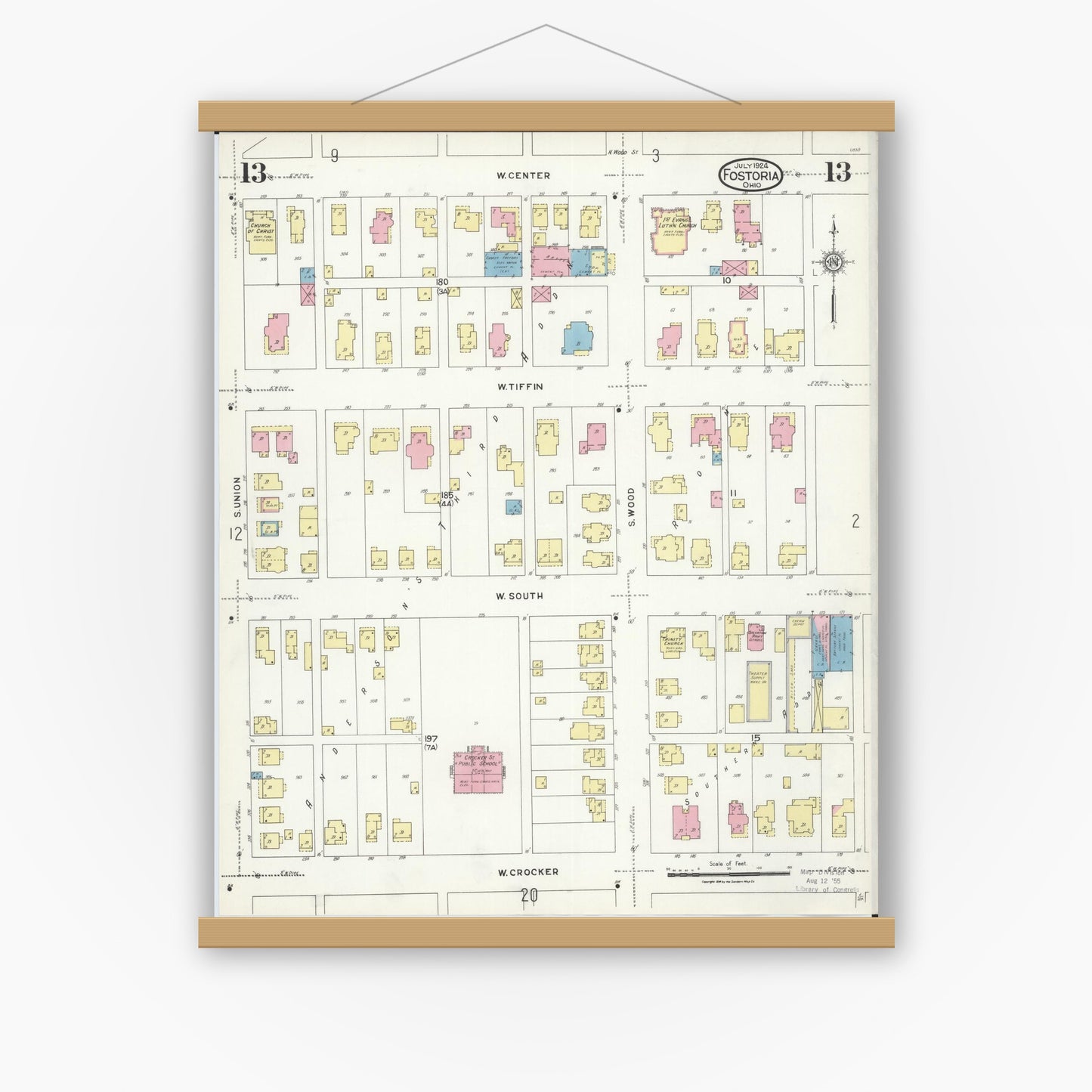 Old map wall art mockup — magnetic wood frame on white wall — Sanborn Fire Insurance Map from Fostoria, Seneca, Hancock, And Wood Counties, Ohio (1924), Sheet #0013