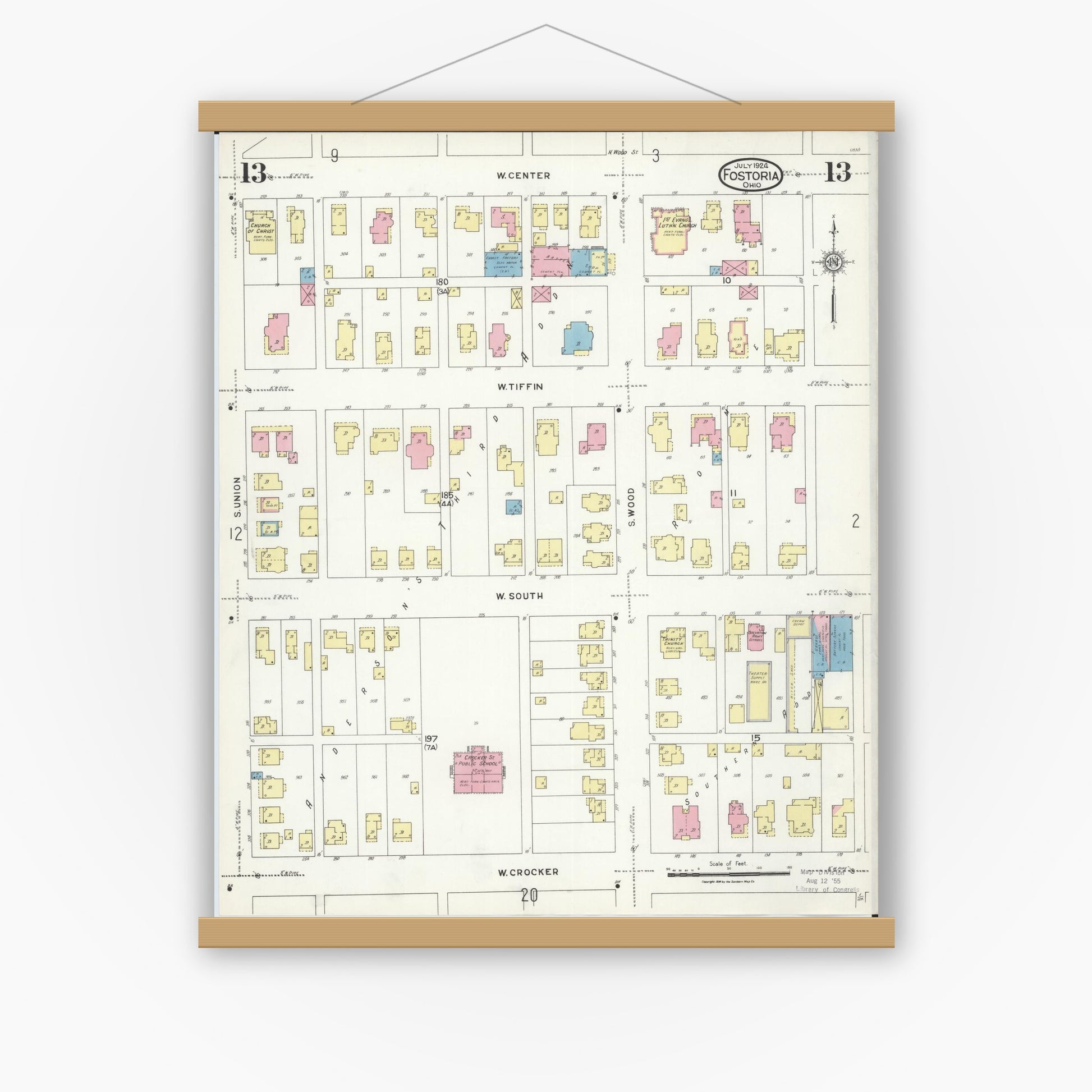 Old map wall art mockup — magnetic wood frame on white wall — Sanborn Fire Insurance Map from Fostoria, Seneca, Hancock, And Wood Counties, Ohio (1924), Sheet #0013