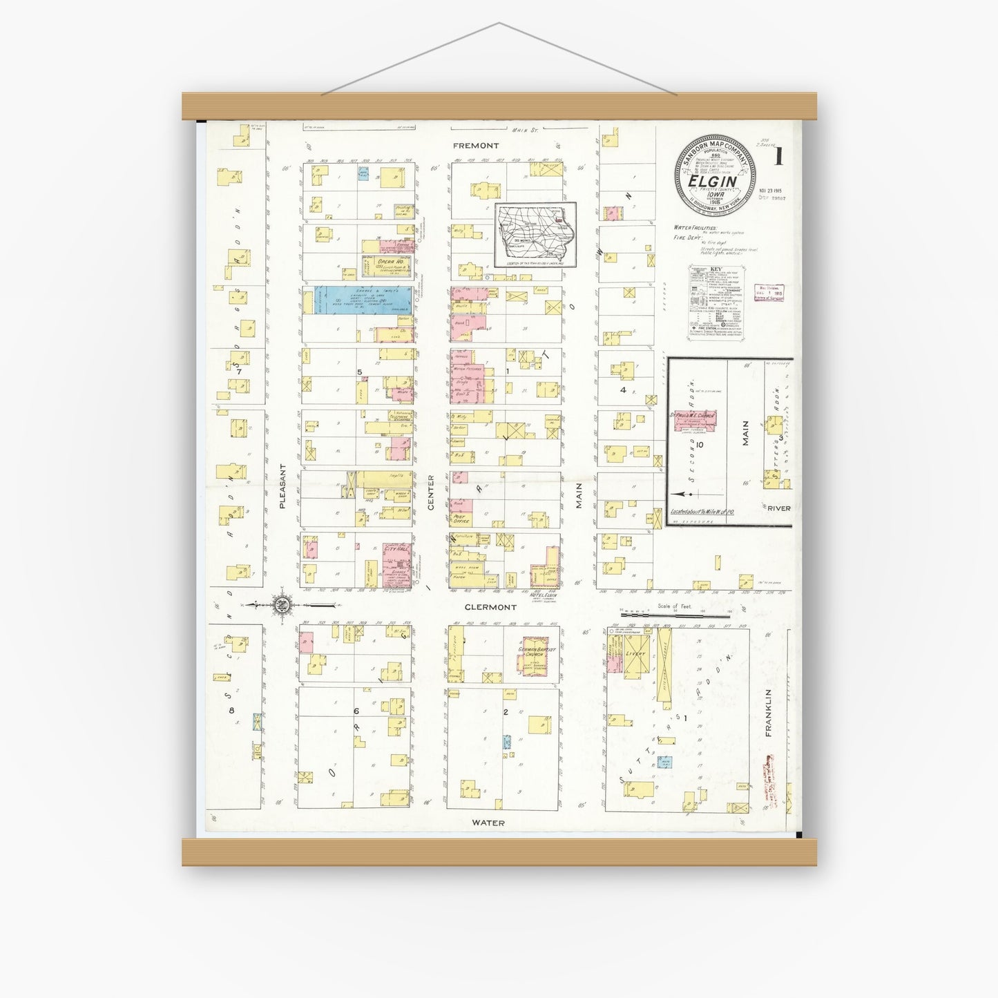 Old map wall art mockup — magnetic wood frame on white wall — Sanborn Fire Insurance Map from Elgin, Fayette County, Iowa (1915) â€” Complete Set