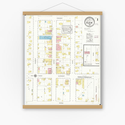 Old map wall art mockup — magnetic wood frame on white wall — Sanborn Fire Insurance Map from Elgin, Fayette County, Iowa (1915) â€” Complete Set